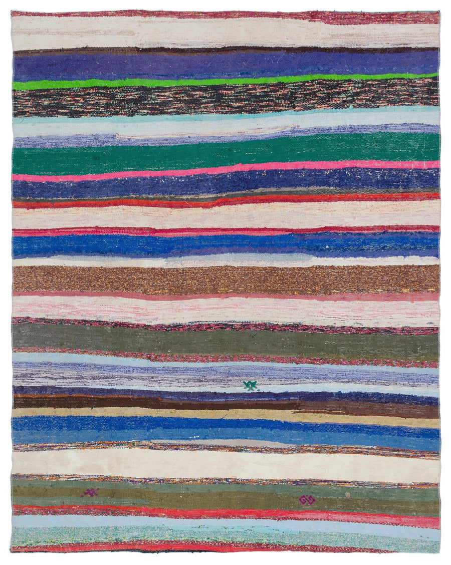 Çok Renkli El Dokuma Halı Çizgili Mavi Detaylı Kök Boyalı 187x230 cm 31683 – Koridor kullanımı