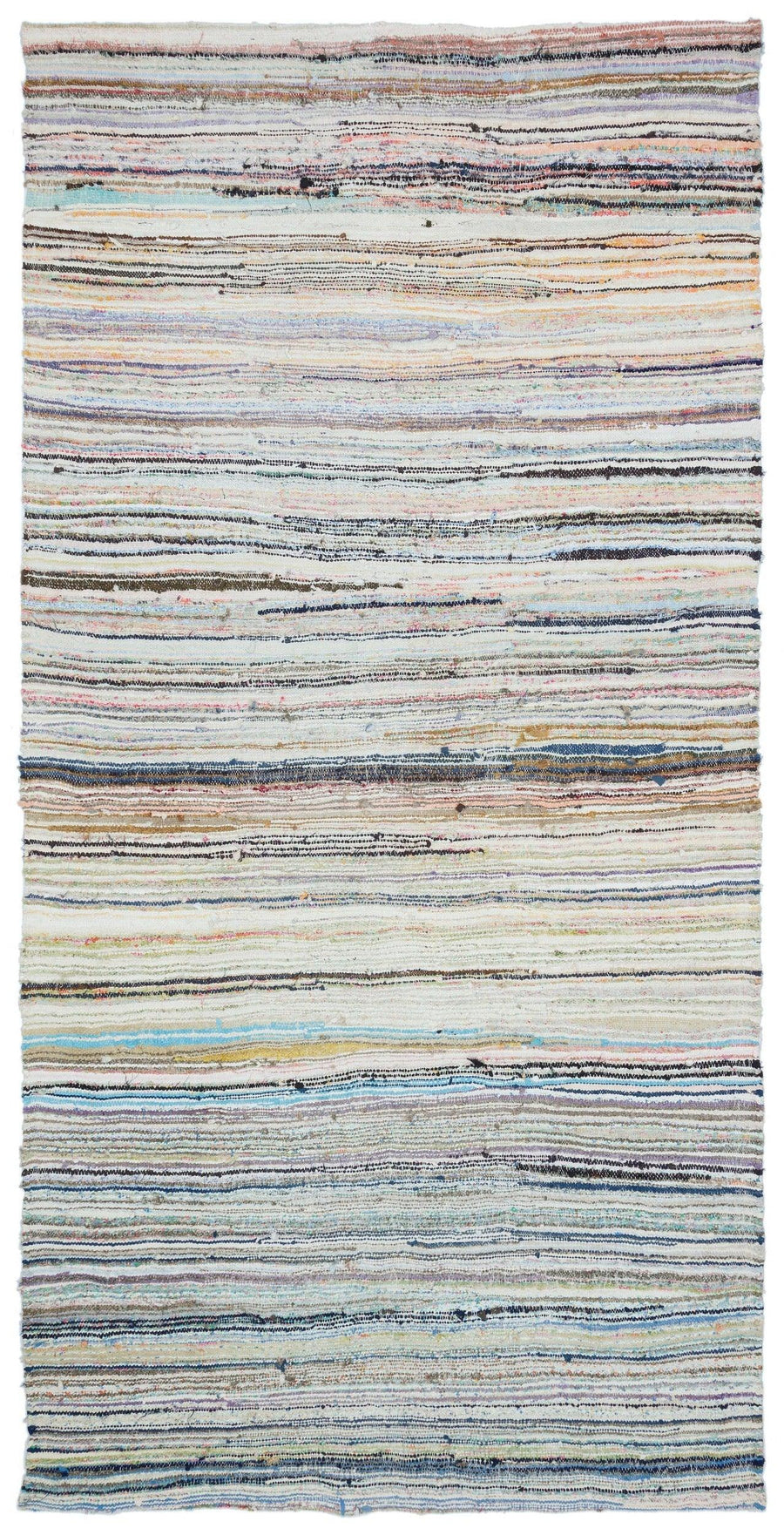 Handgewebter Wollteppich mit bunten Streifen in Blau & Grau 164x325 cm – im Flur