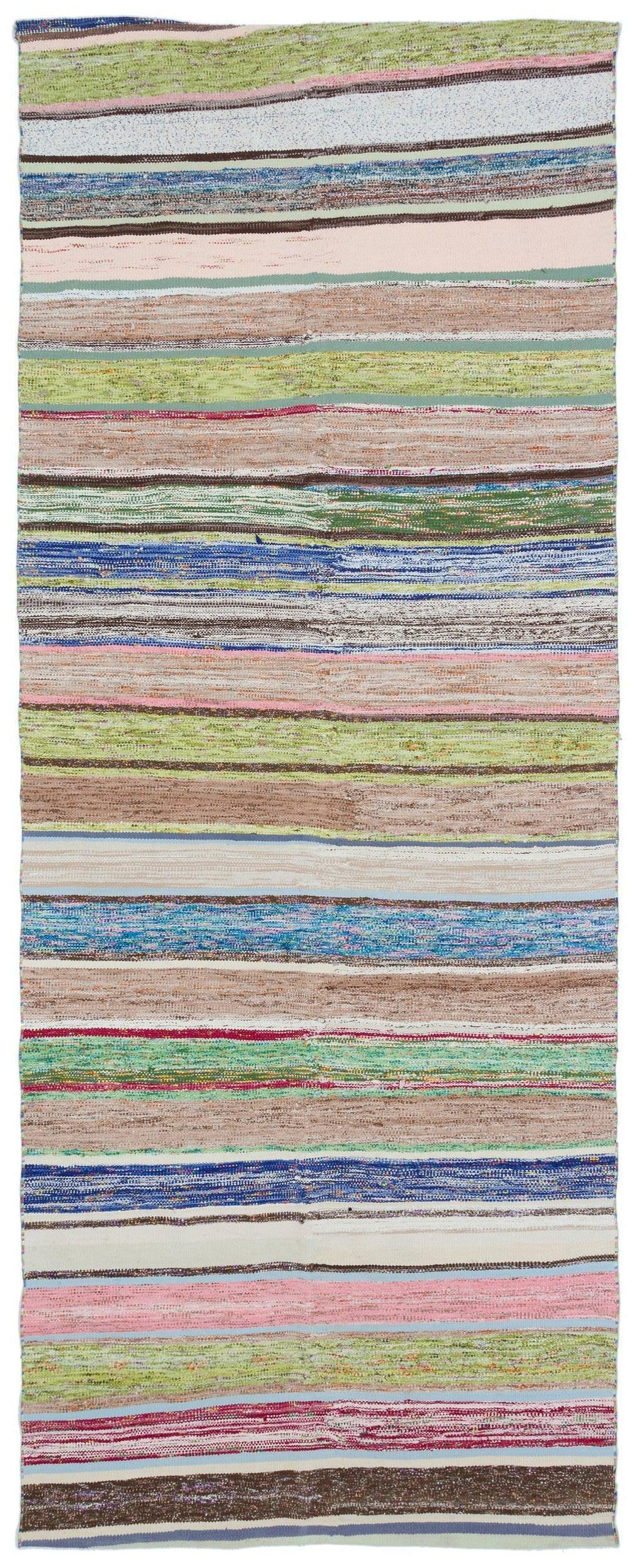 Rosa Teppich: Moderner gestreifter Wollkelim in 142x361 cm – im Flur