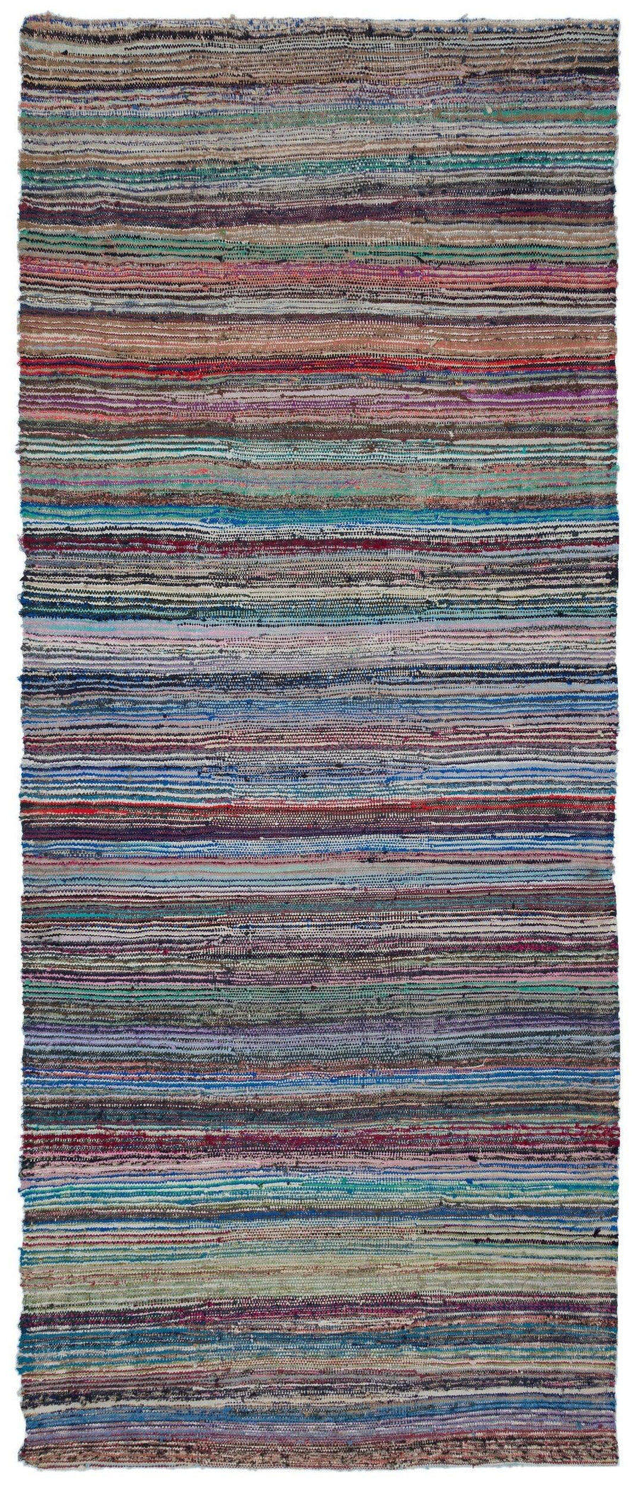Grauer & bunter Wollkelim Läufer mit Ethno-Streifen 151x364 cm – im Flur