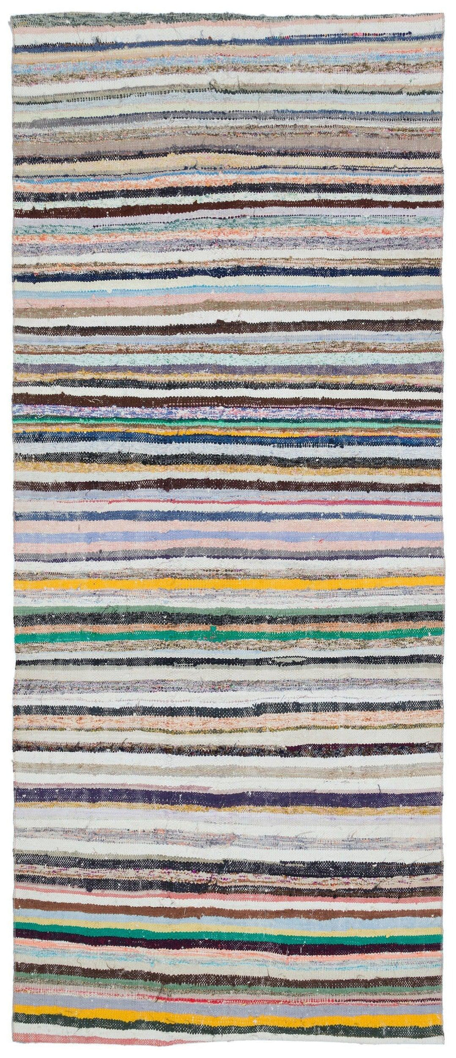 Bunter handgewebter Wollkelim mit modernem Streifenmuster 141x334 cm – im Flur