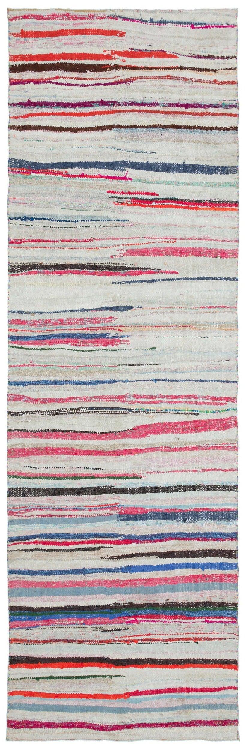 White & Multicolored Striped Flatweave Kilim Rug 103x325 cm (3'5" x 10'8") – in the hallway