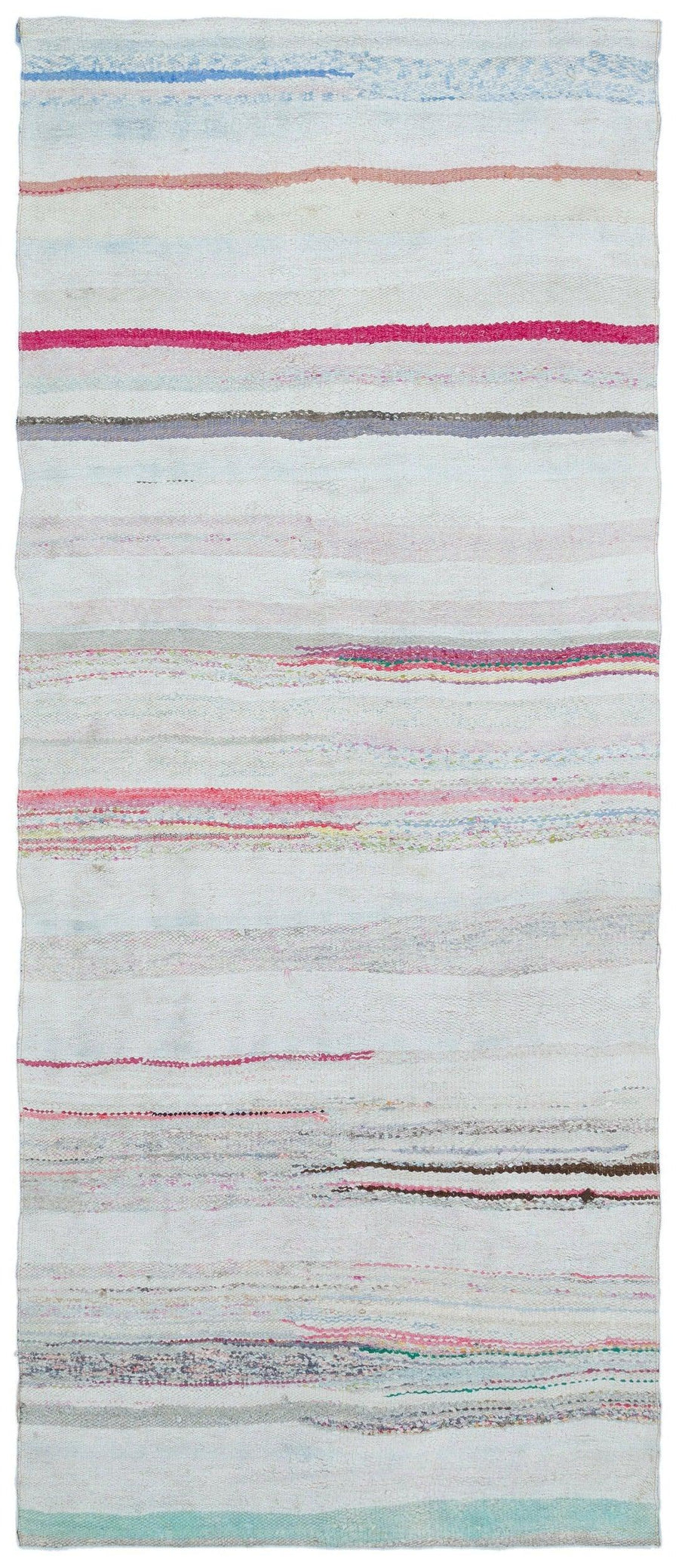 White & Pink Striped Wool Flatweave Kilim Runner 110x265 cm (3'7" x 8'8") – in the hallway