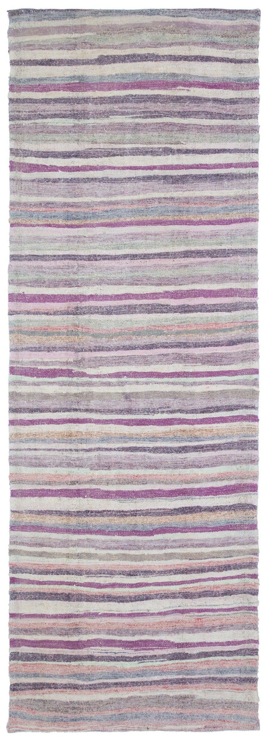 Purple, Pink & Gray Striped Wool Kilim Runner Rug 137x380 cm (4'6" x 12'6") – in the living room