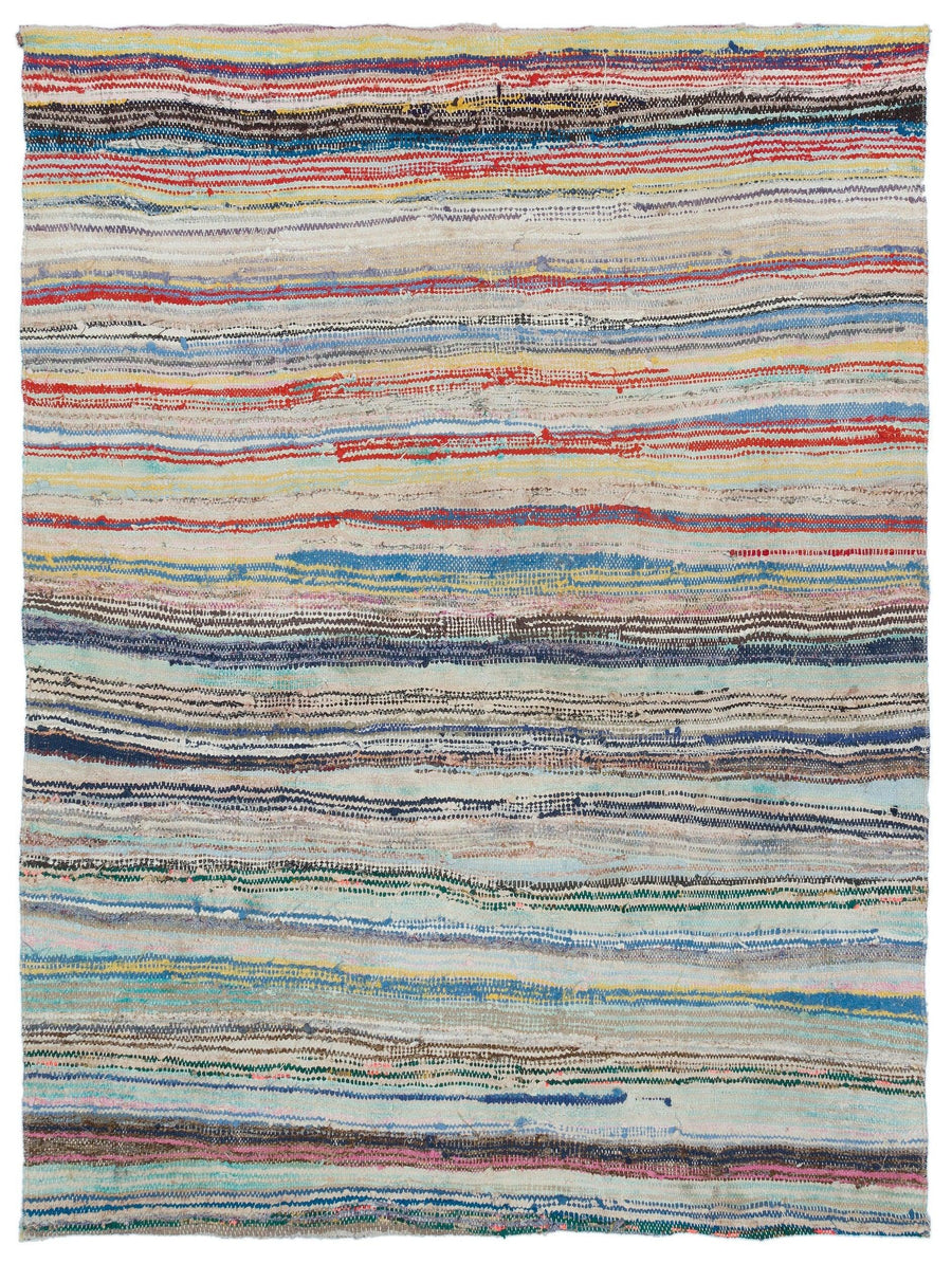 Colorful Striped Hand-Woven Wool Area Rug 140x186 cm (4'7" x 6'1") – in the hallway