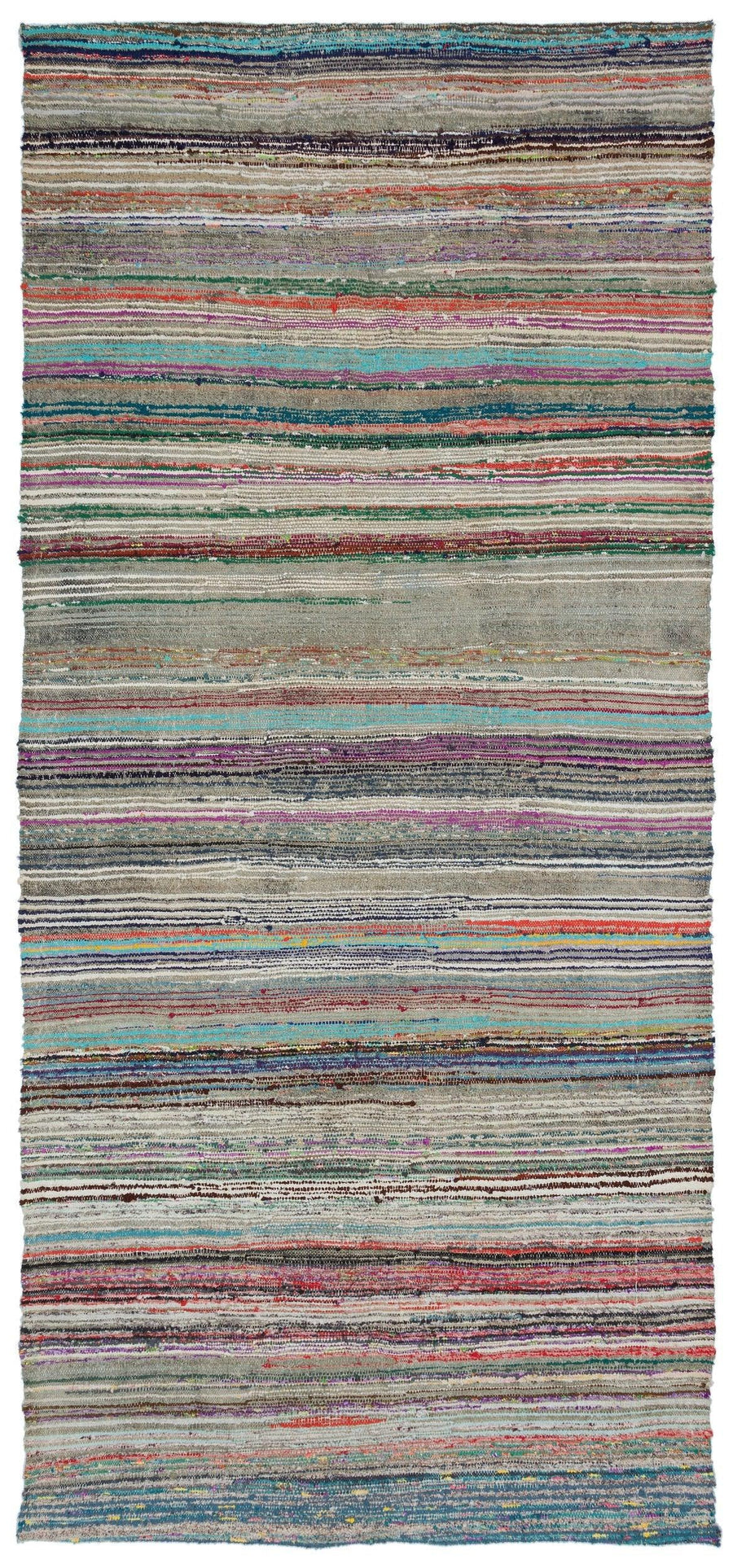Gray & Multicolor Striped Wool Kilim Runner 156x345 cm (5'1" x 11'4") – in the hallway