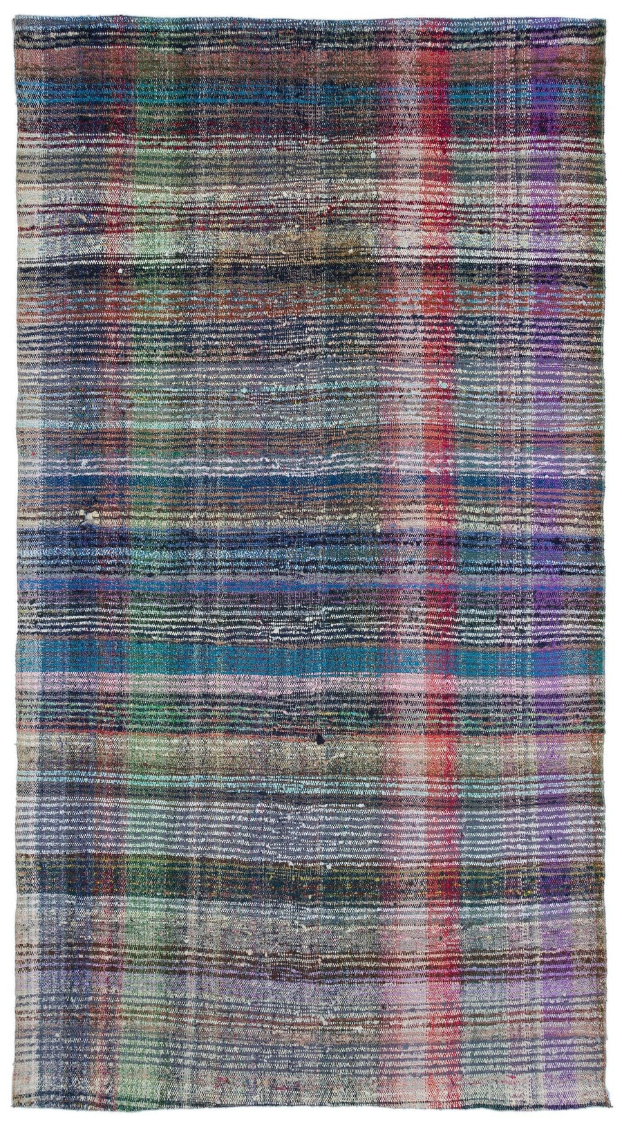 Blue & Multicolored Striped Turkish Kilim Rug 164x293 cm (5'5" x 9'7") – in the hallway