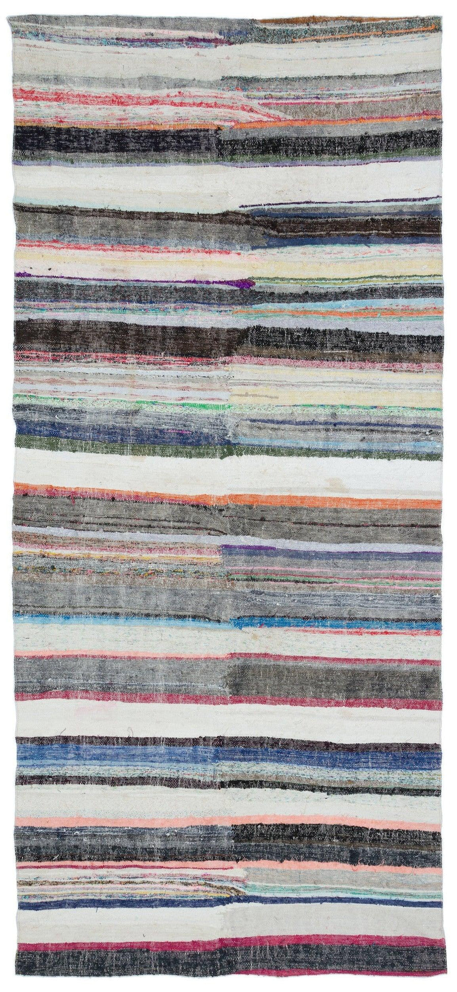 Weißer handgewebter Wollkelim mit bunten Streifen 151x330 cm – im Flur
