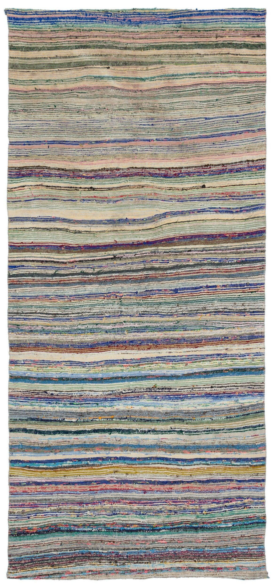 Blauer gestreifter Boho Kelim Läufer aus Wolle 154x322 cm – im Flur