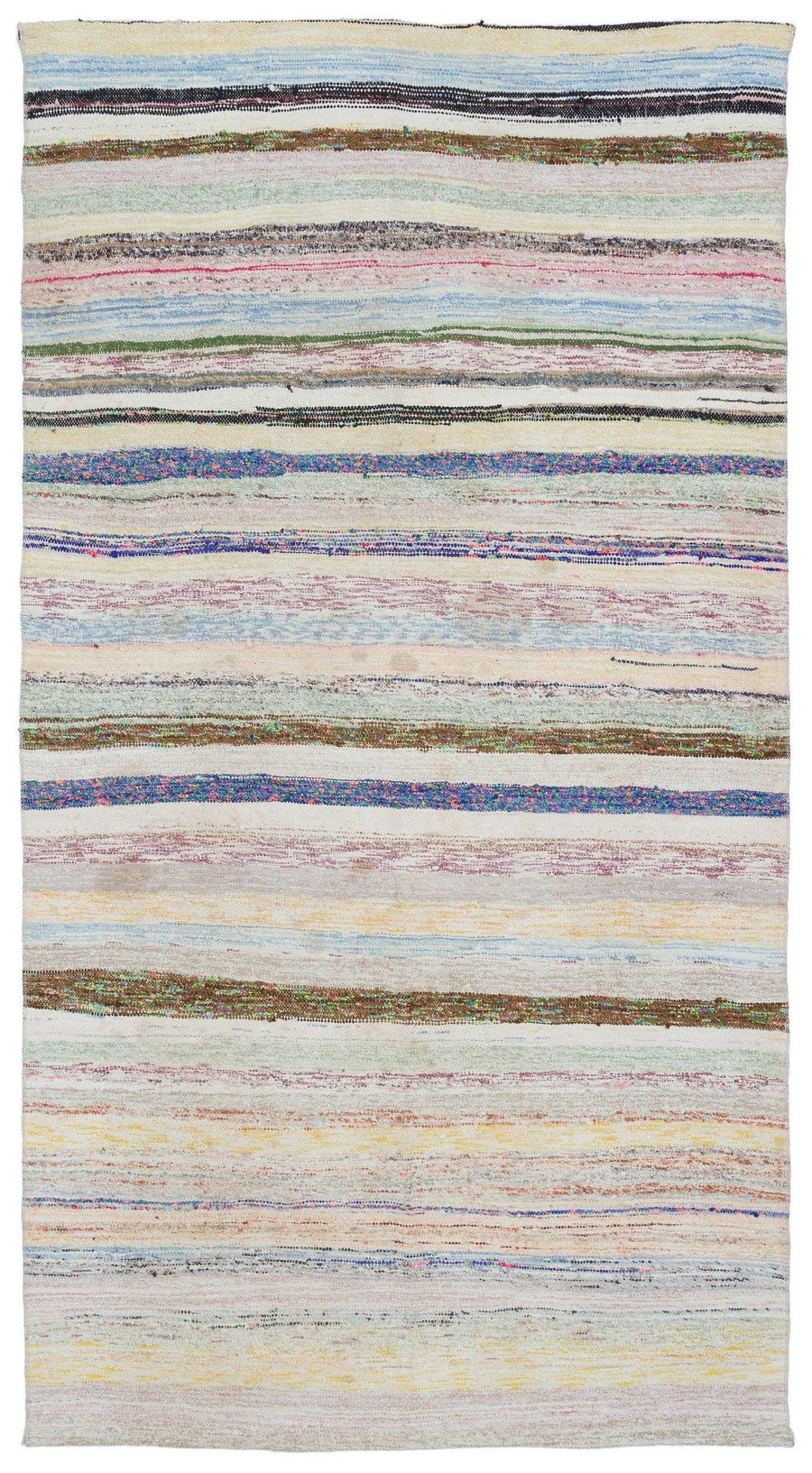 Cream Striped Handwoven Wool Kilim Rug 150x288 cm (4'11" x 9'5") – in the hallway