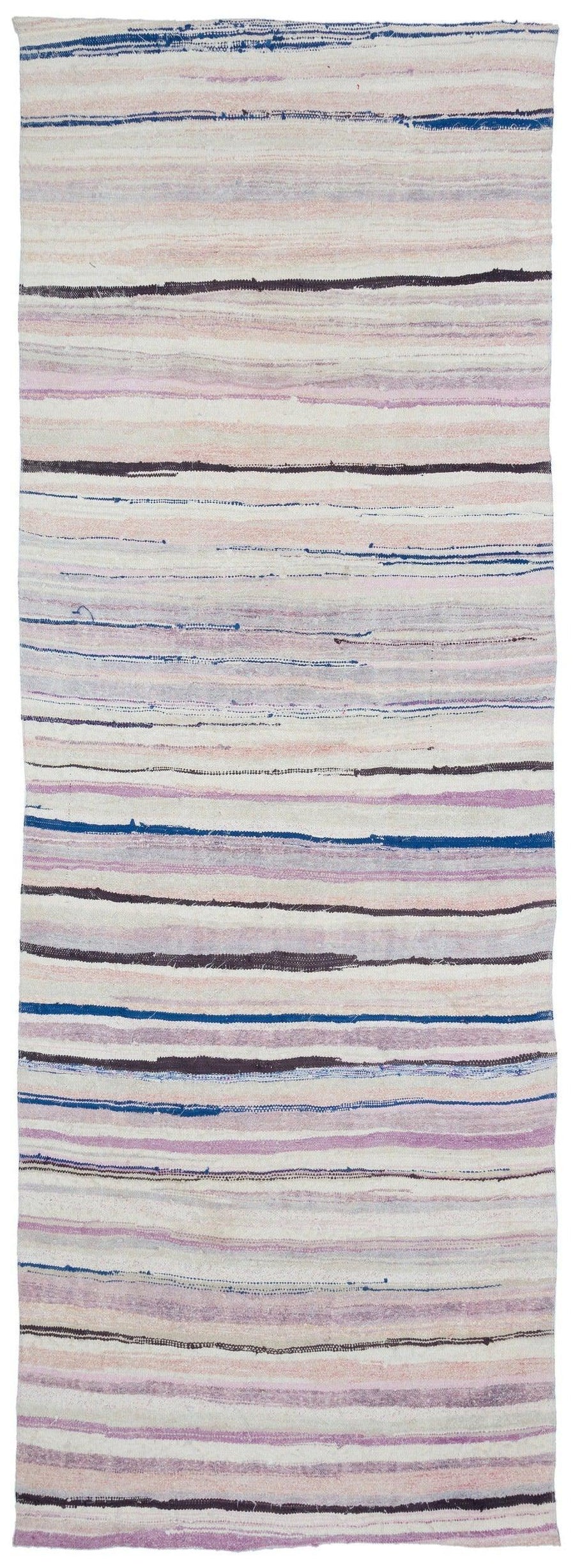 White & Purple Striped Hand-Knotted Wool Runner Rug 133x372 cm (4'4" x 12'2") – in the hallway