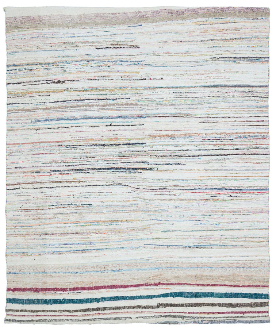 White & Multicolor Striped Hand-Knotted Wool Rug 215x248 cm (7'1" x 8'2") – in the hallway
