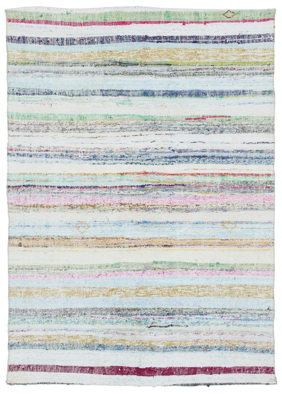 White & Multicolored Striped Wool Kilim Rug 138x192 cm (4'6" x 6'4") – in the hallway
