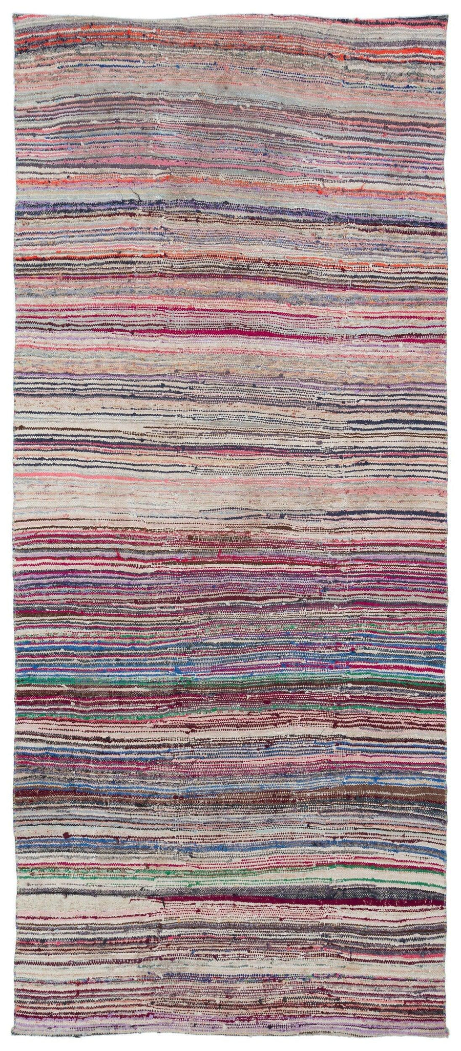 Colorful Striped Wool Kilim Runner Rug in Fuchsia & Purple 143x347 cm (4'8" x 11'5") – in the hallway