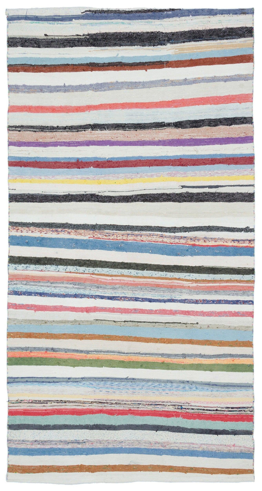White Handwoven Wool Rug with Multicolor Stripes 151x292 cm (4'11" x 9'7") – in the kitchen