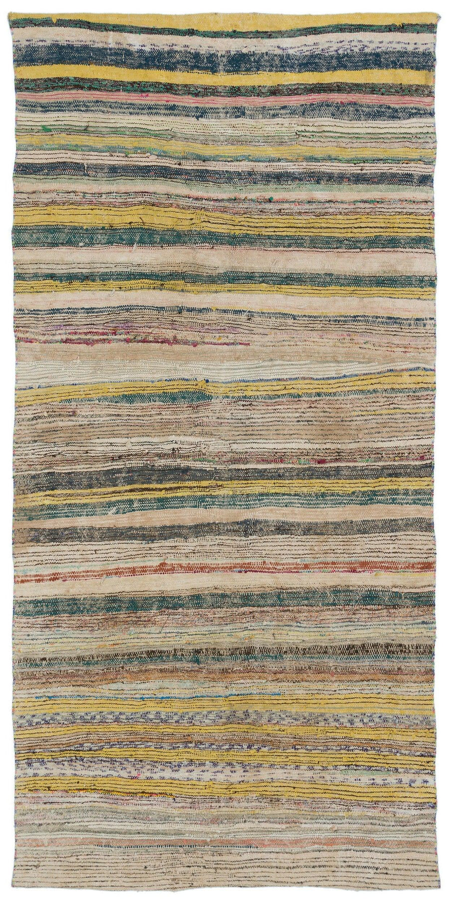 Cream and Yellow Striped Flatweave Kilim Rug 133x271 cm (4'4" x 8'11") – in the hallway