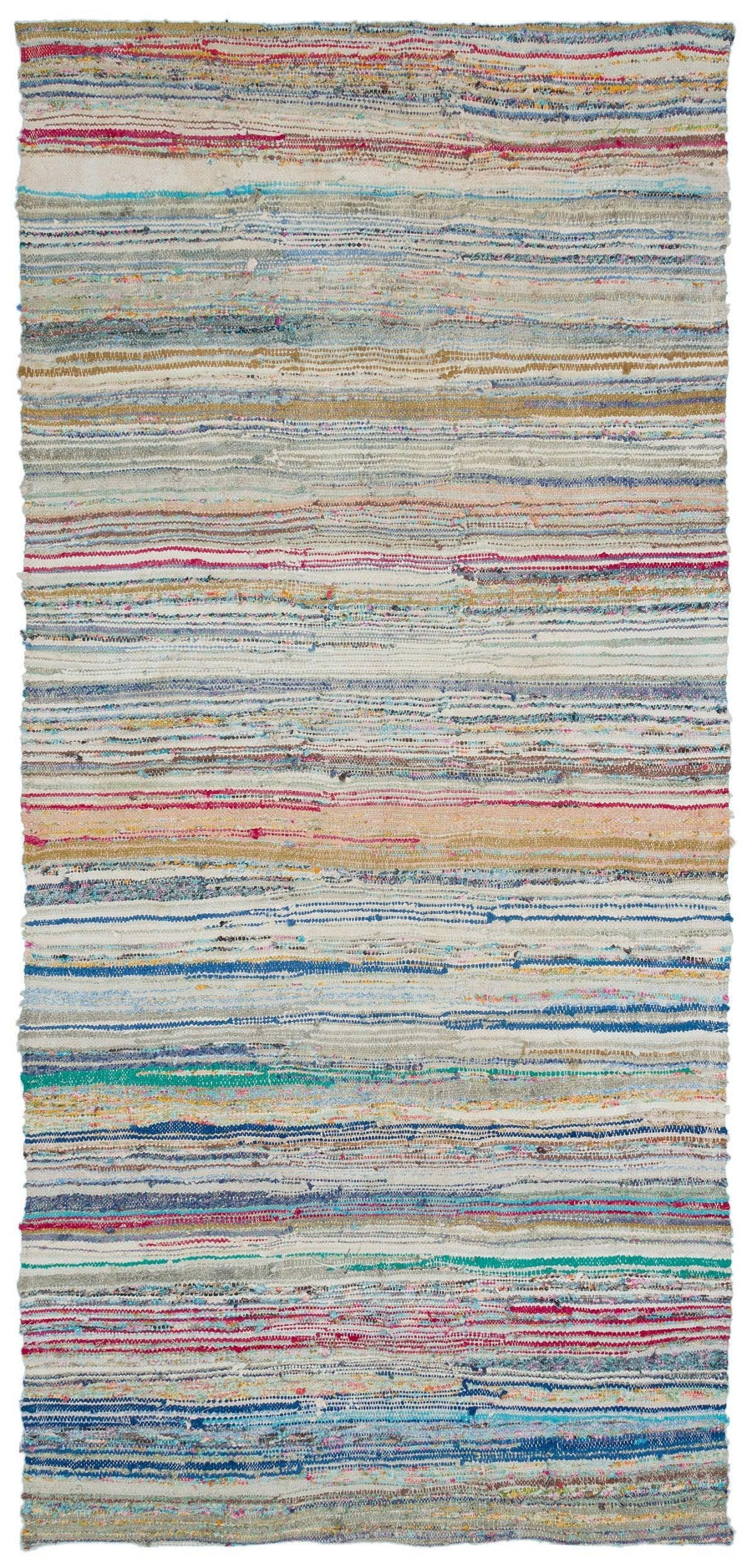 Gray & Blue Modern Striped Wool Kilim Rug 150x322 cm (4'11" x 10'7") – in the hallway
