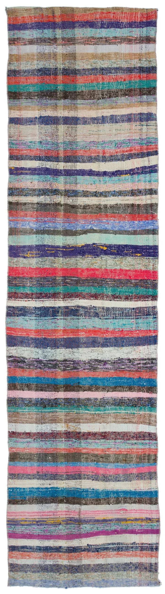Multicolor Striped Turkish Kilim Runner Rug 99x388 cm (3'3" x 12'9") – in the hallway
