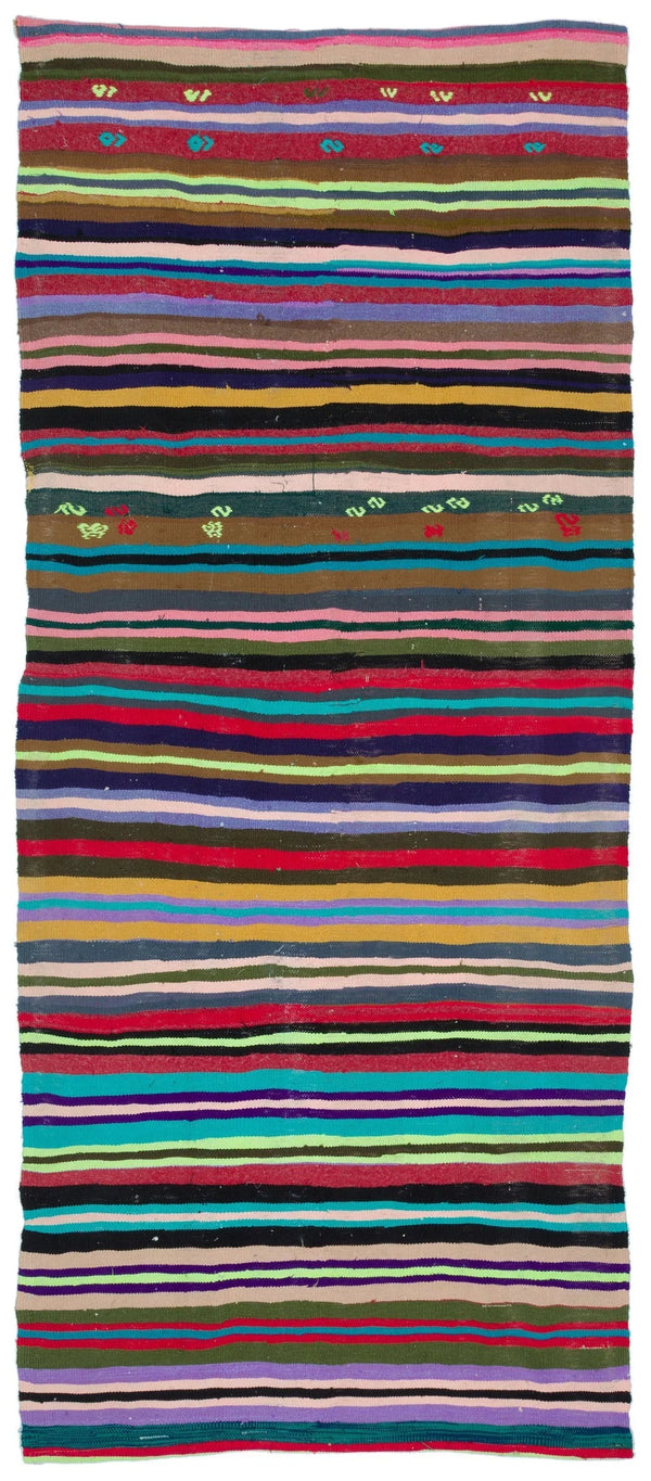 Bej Kırmızı Anadolu Bohem Çizgili Yün Halı 126x300 - Özel Seri