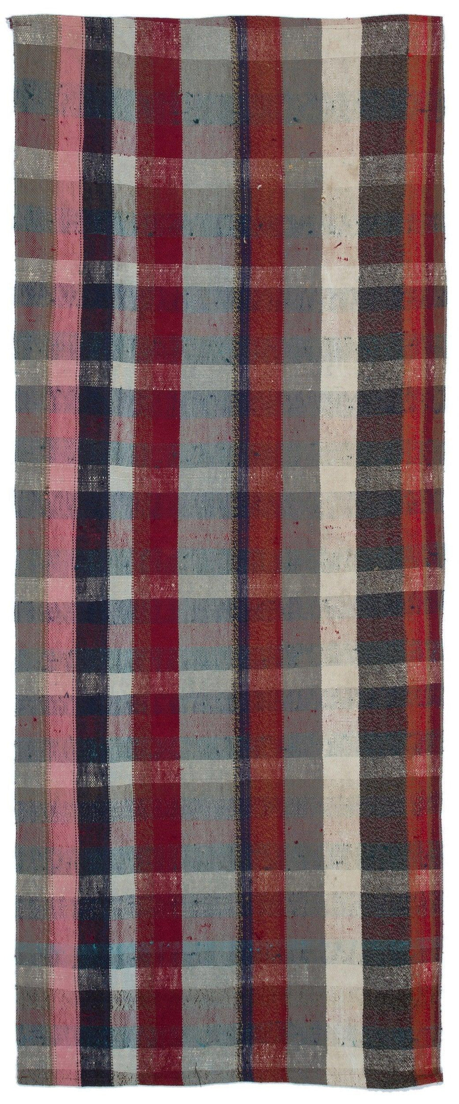 Roter & Marineblauer karierter Woll-Kelim Läufer 103x262 cm – im Flur