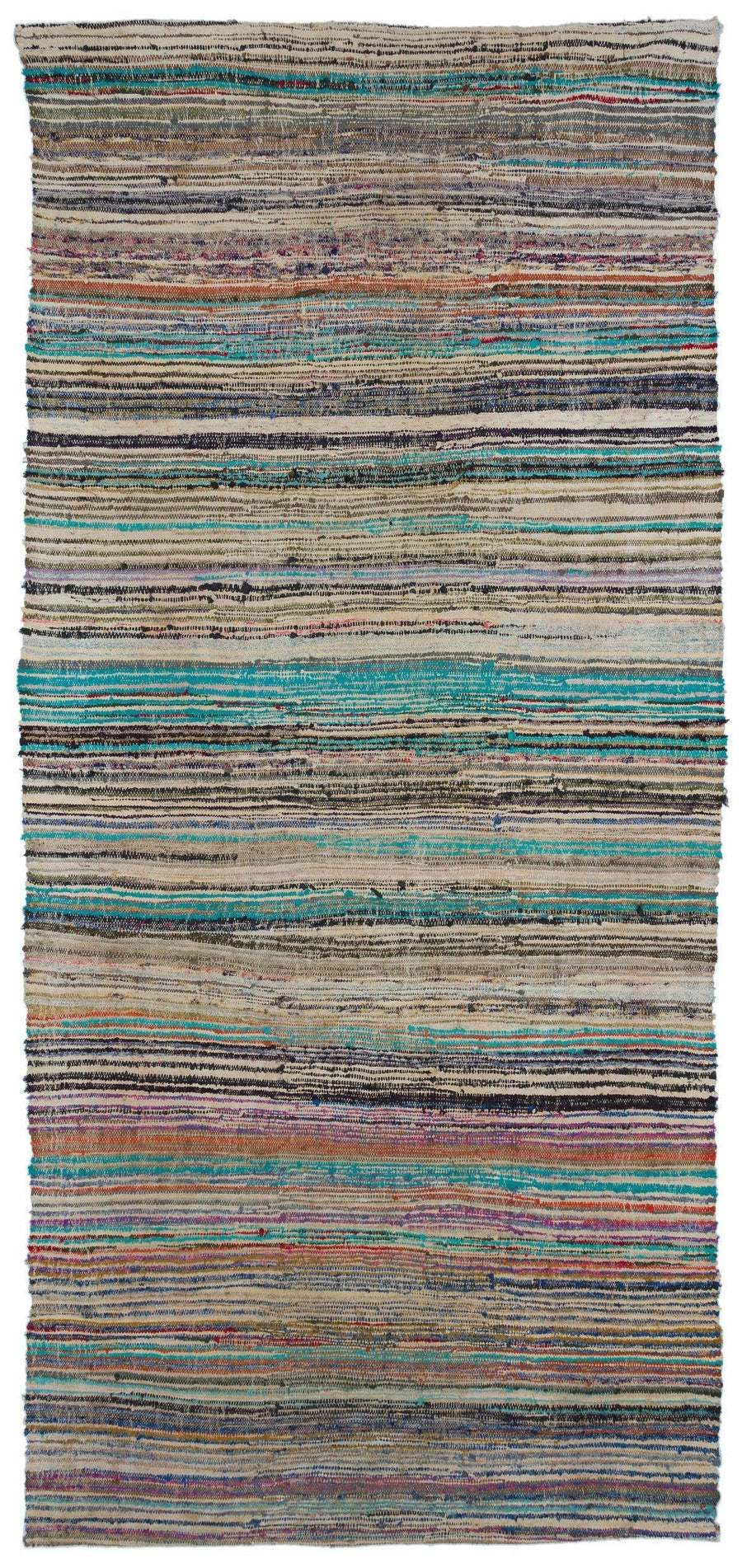 Beiger handgewebter Kelim Teppich mit bunten Streifen 161x343 cm – im Flur