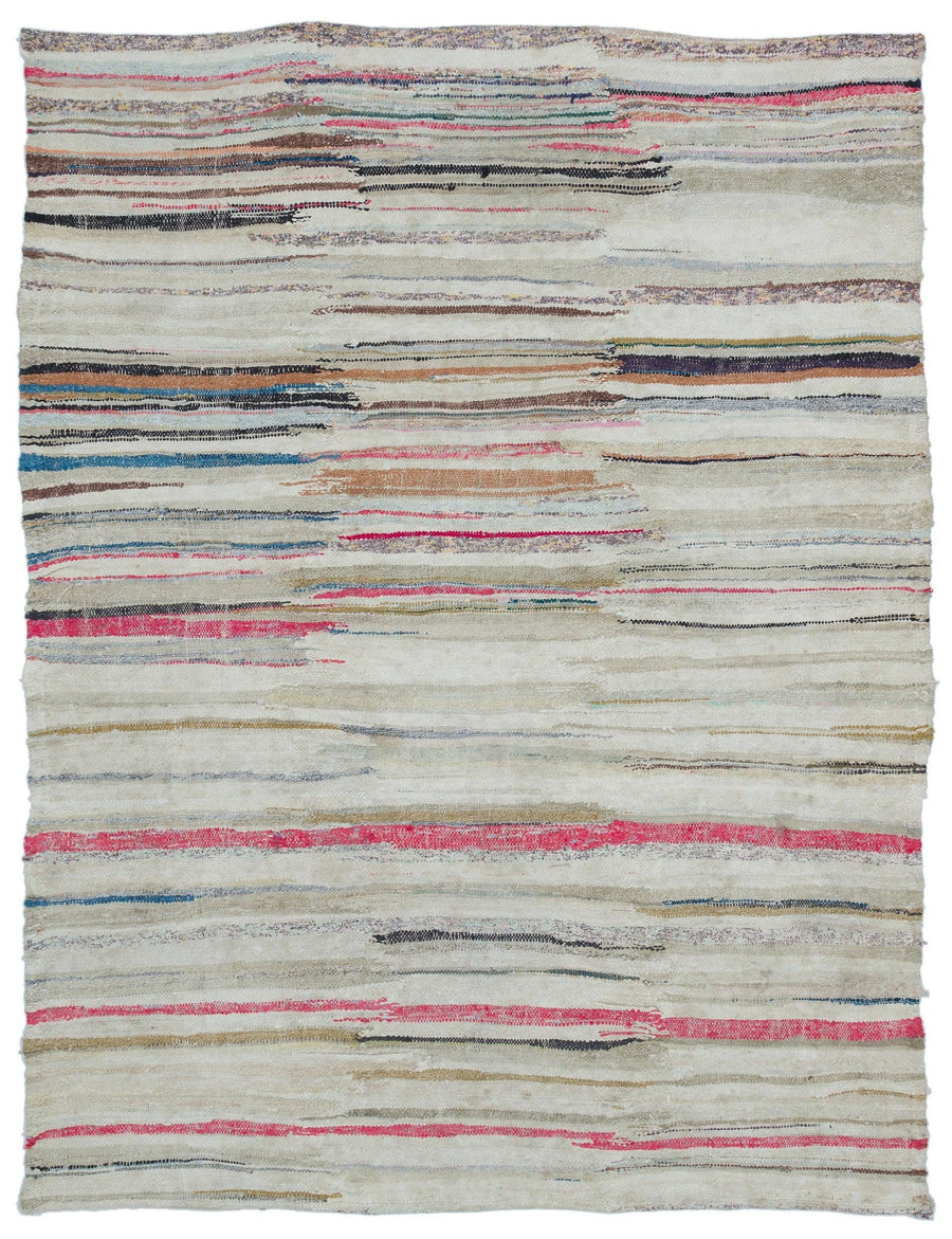 Cream Rug with Colorful Stripes, Hand-Woven Wool 164x227 cm (5'5" x 7'5") – in the hallway