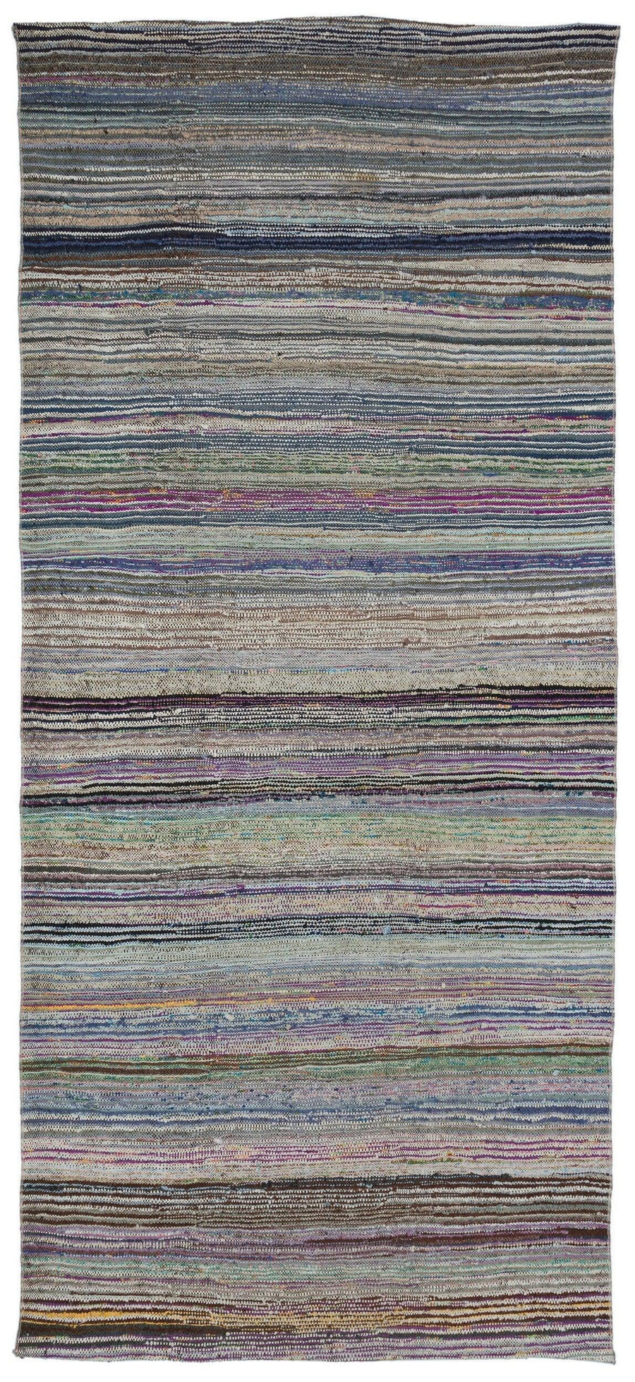 Grey Hand-Woven Wool Runner Rug with Colorful Stripes 145x324 cm (4'9" x 10'8") – in the hallway