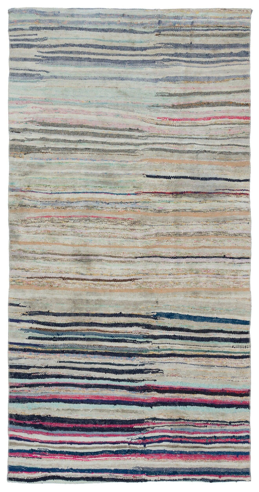 Grey & Navy Striped Handwoven Wool Rug 133x253 cm (4'4" x 8'4") – in the hallway