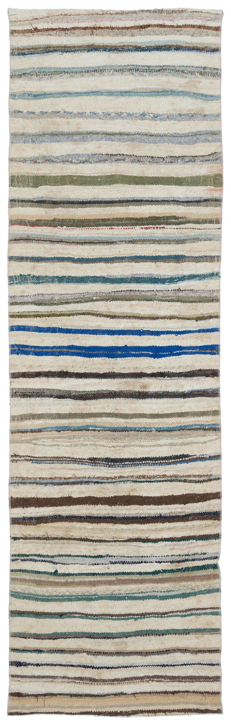 Cream Striped Handwoven Wool & Cotton Runner Rug 88x288 cm (2'11" x 9'5") – in the hallway