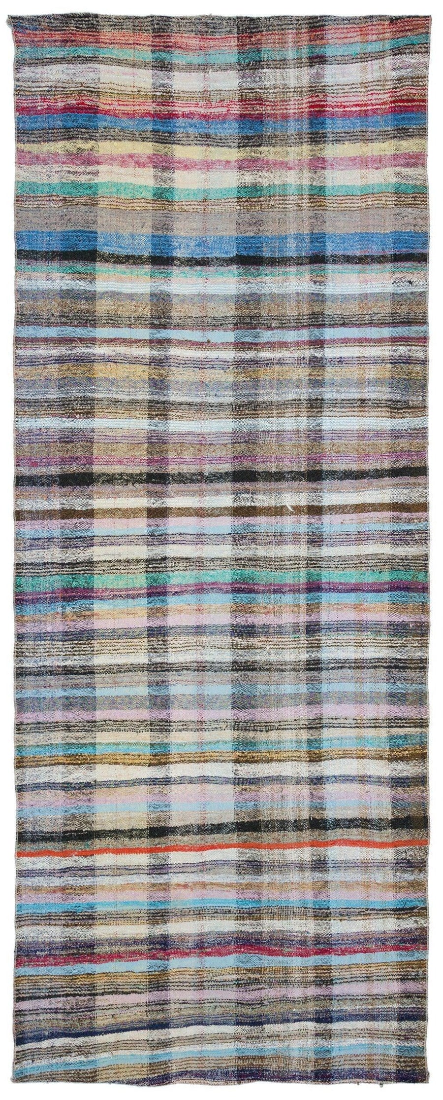 Mehrfarbiger handgewebter Wollteppich mit Streifen 144x357 cm – im Flur