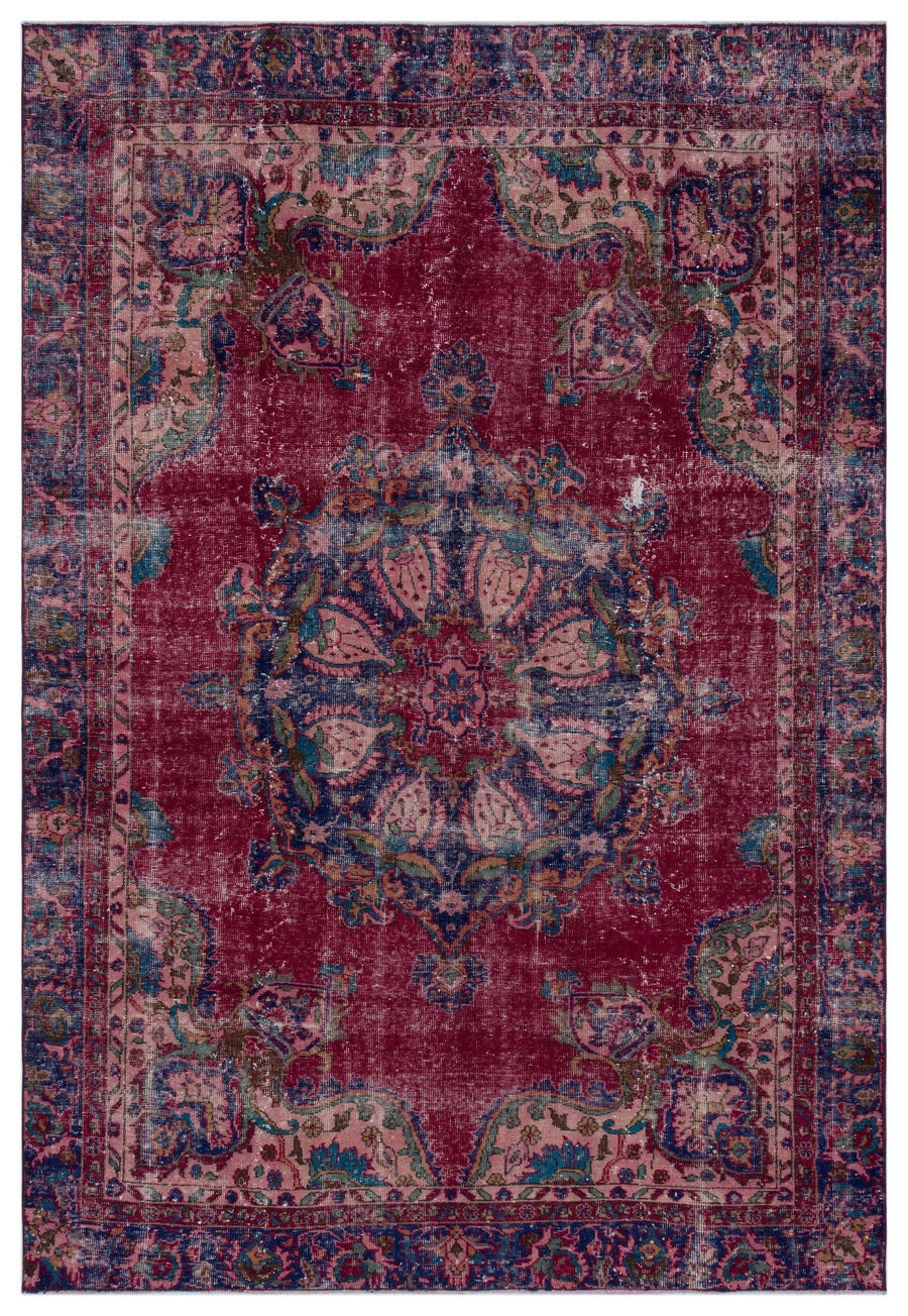 Kırmızı Anadolu Eskitme Madalyonlu Yün Halı 186x270 - Özel Seri
