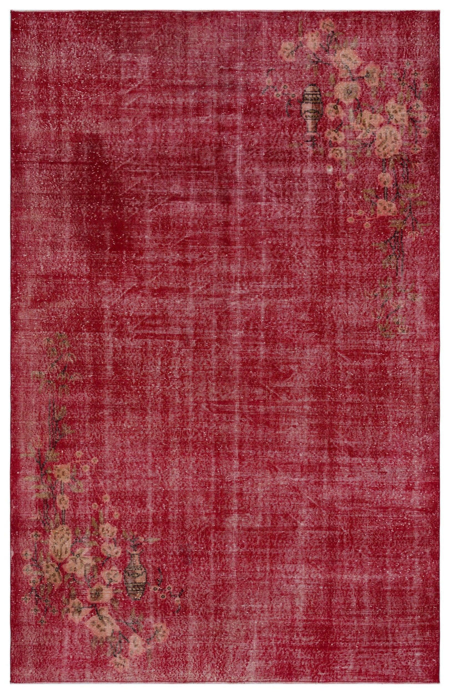 Kırmızı Anadolu Eskitme Çiçekli Yün Halı 197x303 - Özel Seri