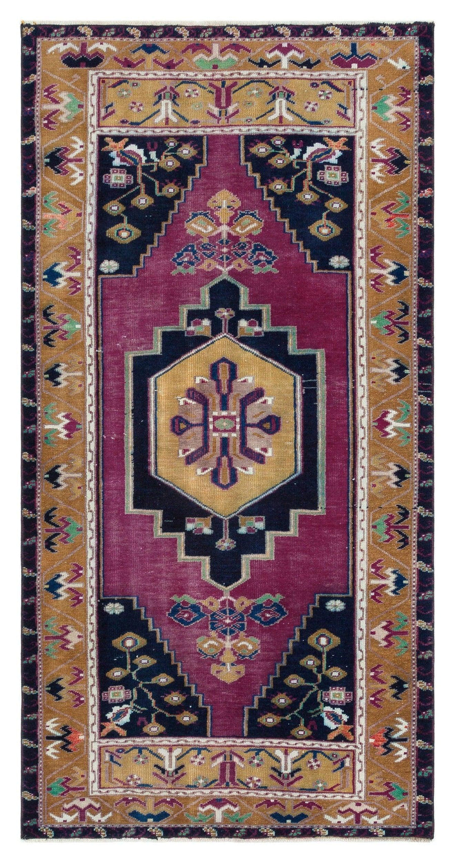 Kırmızı Sarı Anadolu Bohem Geometrik Yün Halı 93x185 - Özel Seri