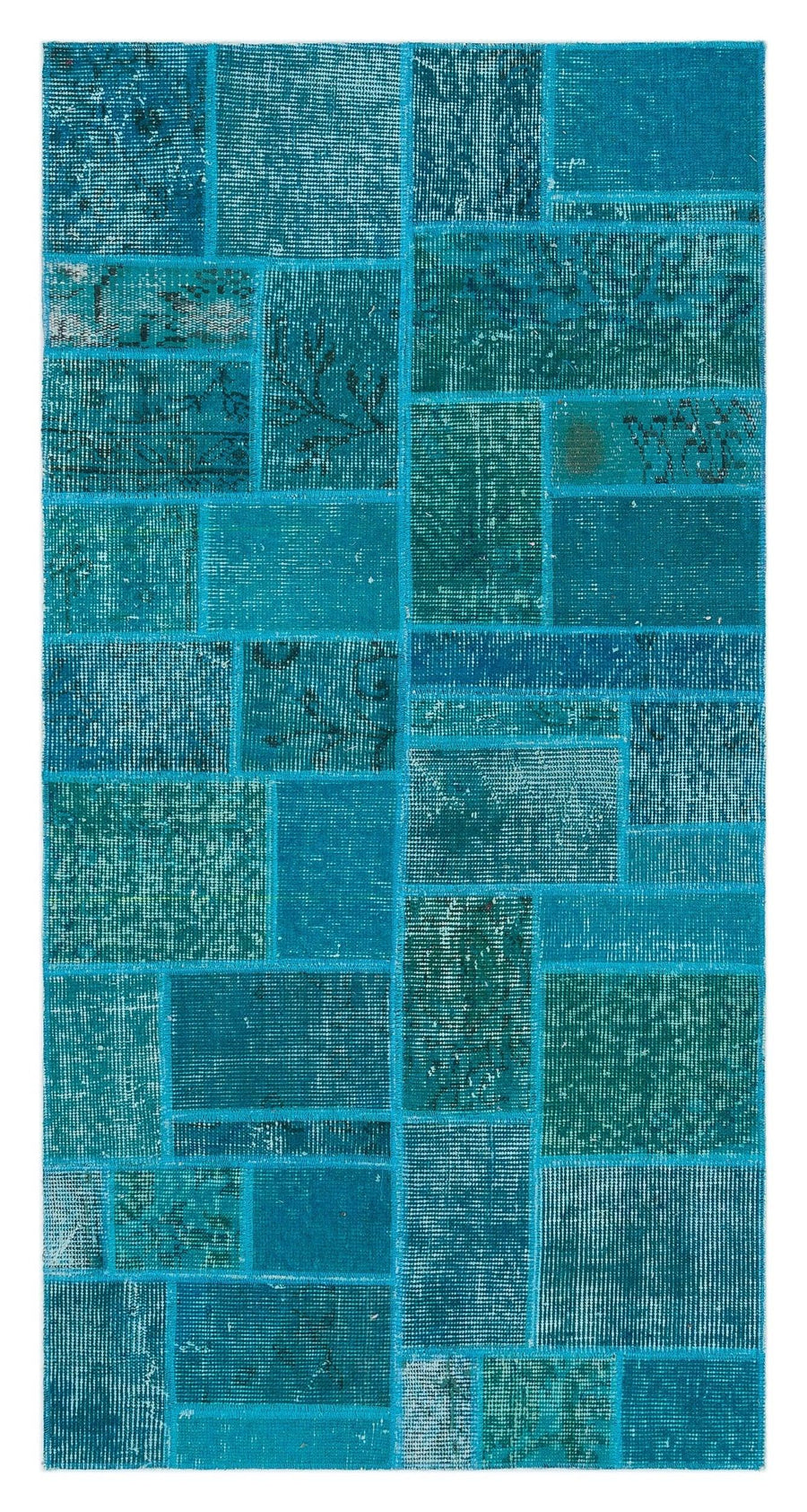 Mavi Yeşil Anadolu Eskitme Geometrik Yün Halı 79x155 - Özel Seri