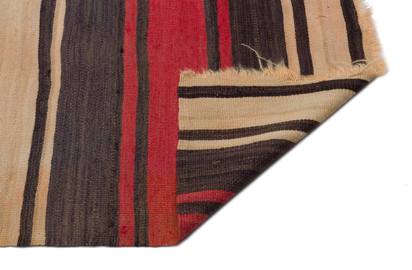 Bej Bordo Anadolu Modern Çizgili Yün Halı 143x380 - Özel Seri