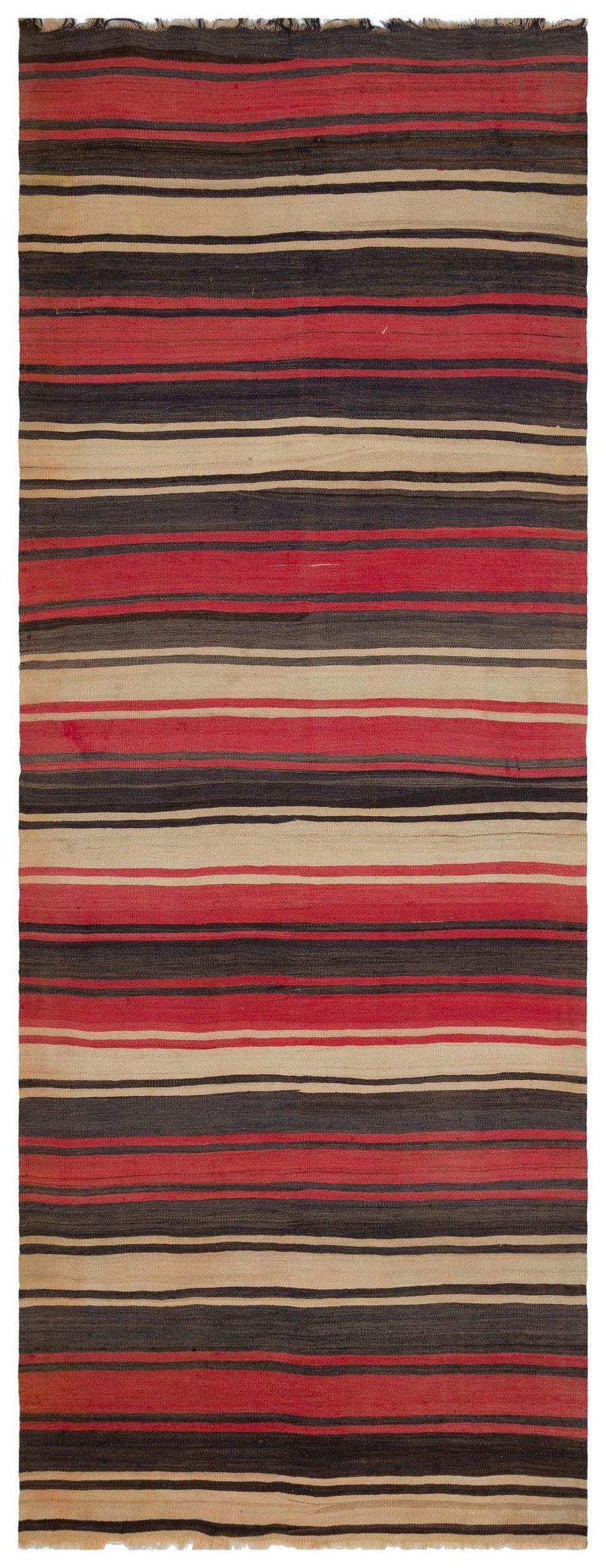 Bej Bordo Anadolu Modern Çizgili Yün Halı 143x380 - Özel Seri