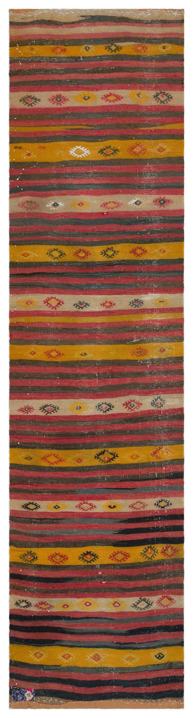 Kırmızı Anadolu Bohem Çizgili Yün Halı 95x355 - Özel Seri