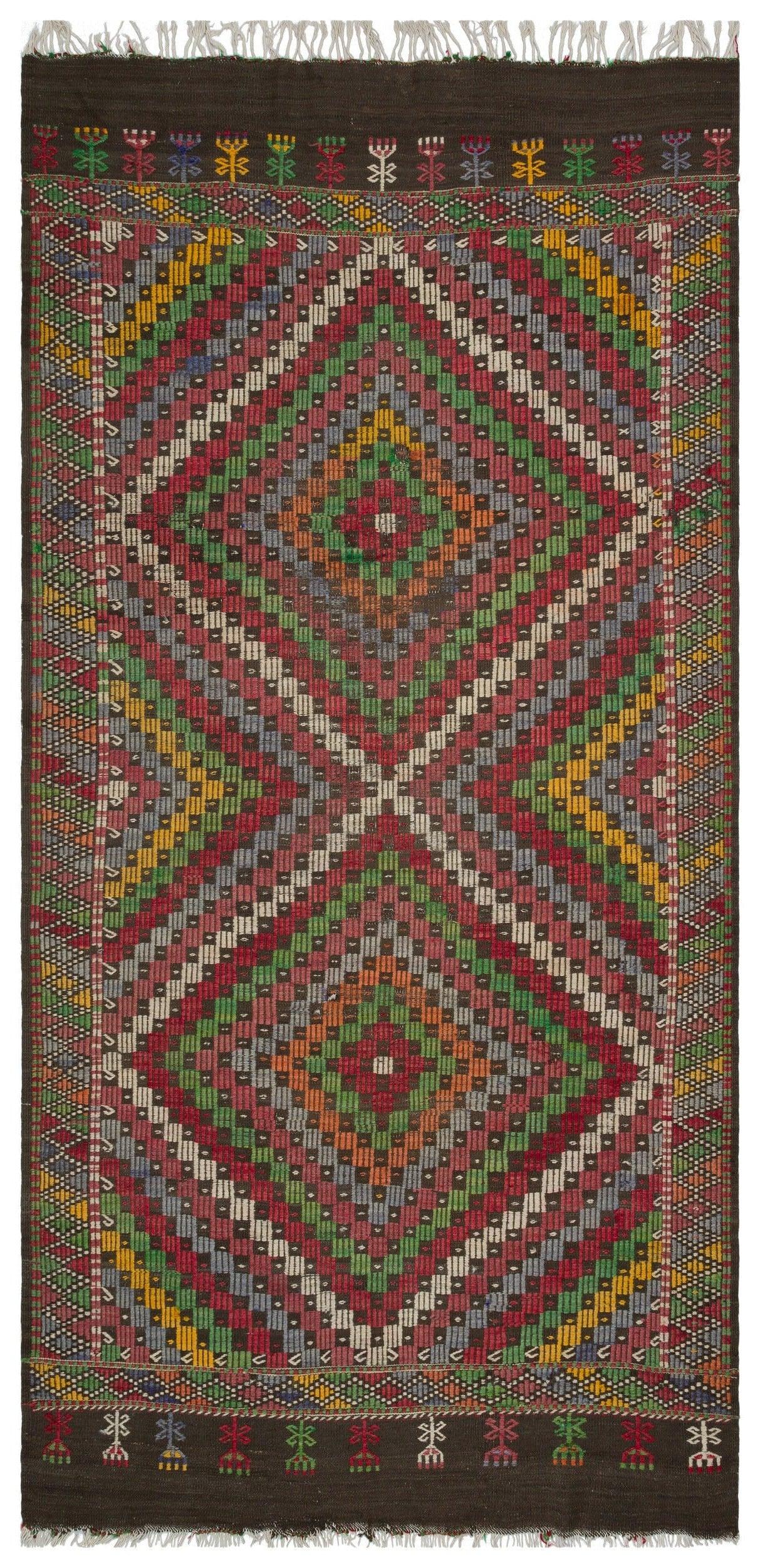 Beyaz Gri Anadolu Bohem Geometrik Yün Halı 170x330 - Özel Seri