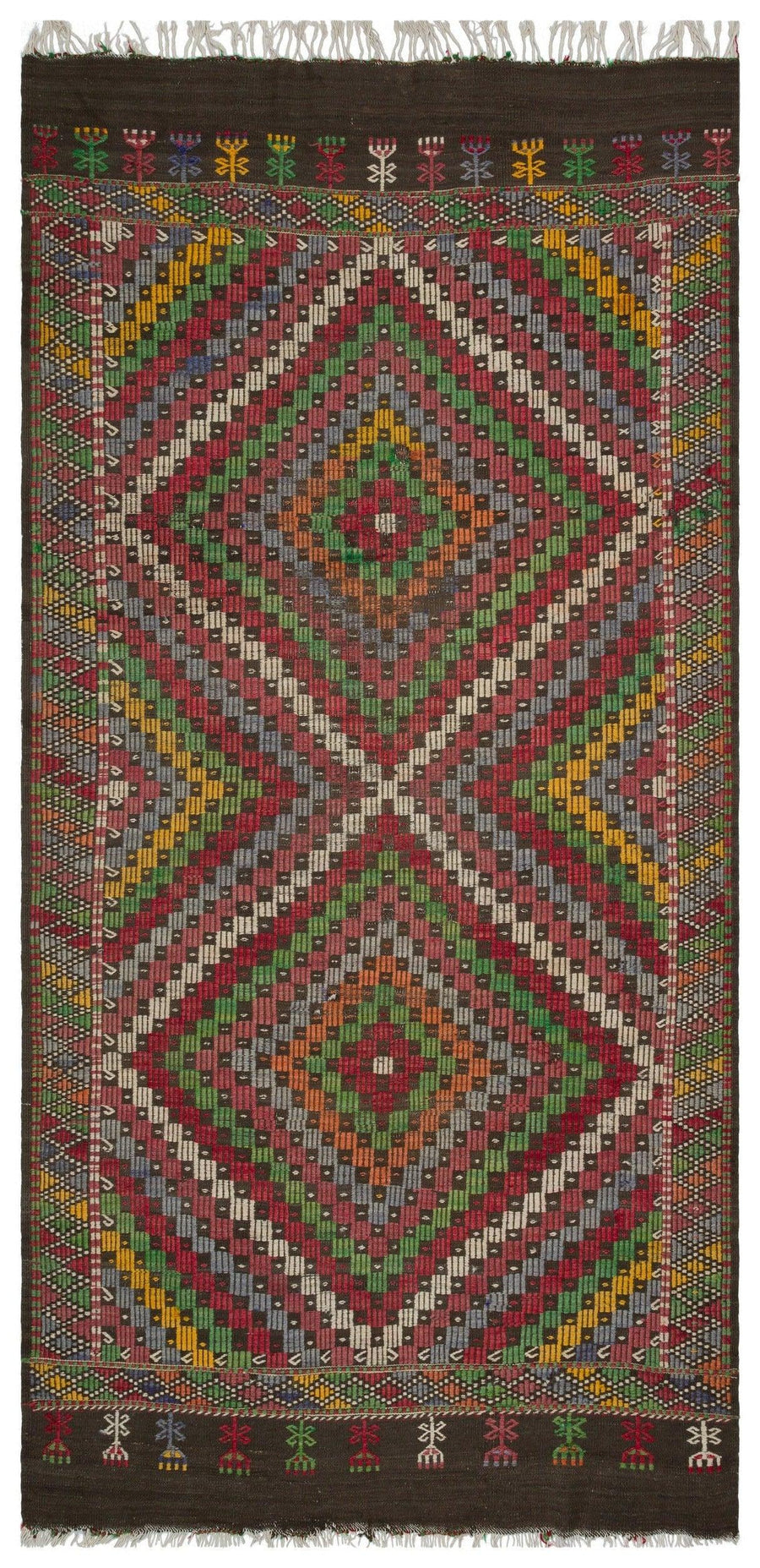 Beyaz Gri Anadolu Bohem Geometrik Yün Halı 170x330 - Özel Seri