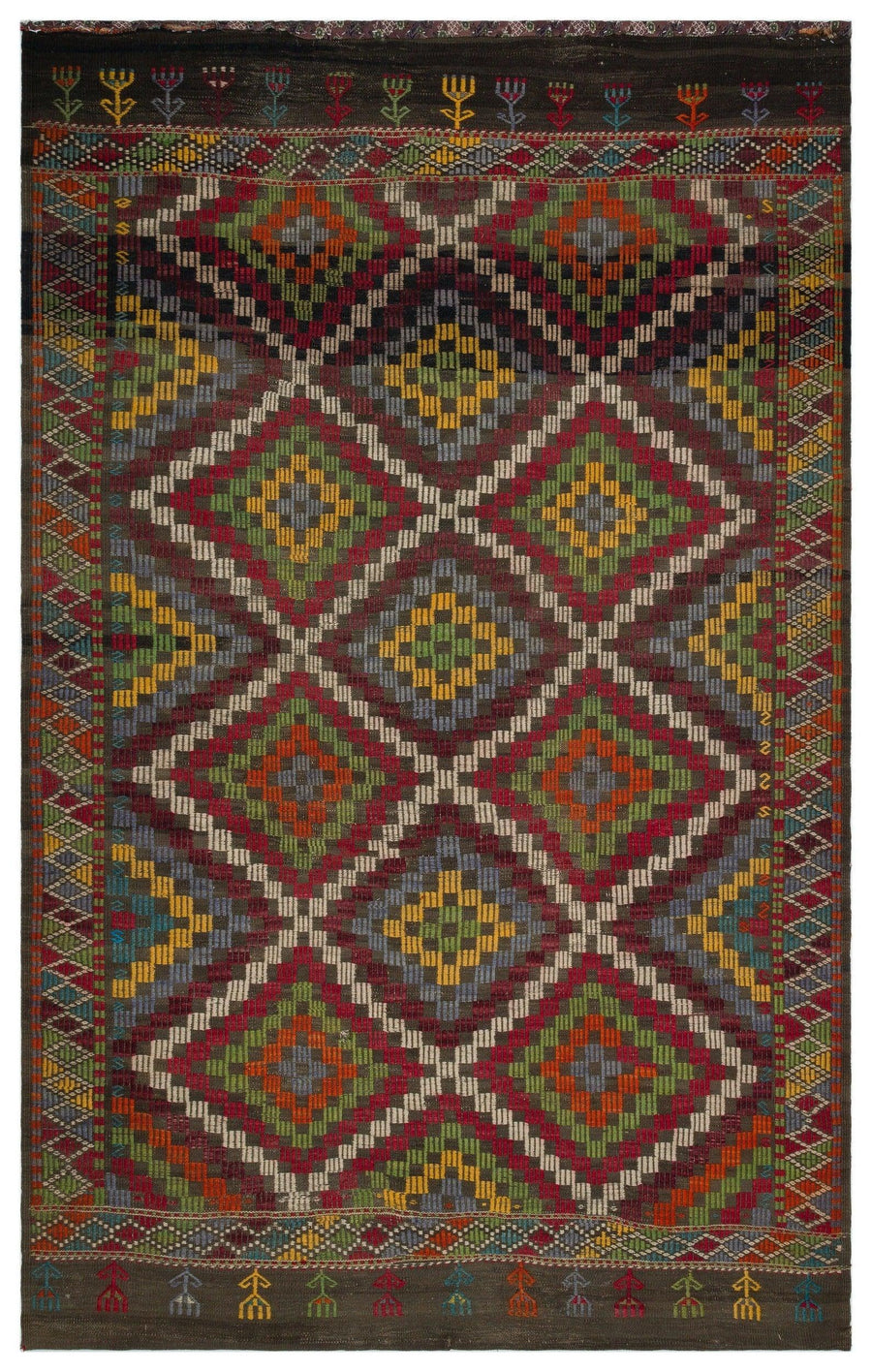 Bordo Gri Anadolu Bohem Geometrik Yün Halı 186x300 - Özel Seri