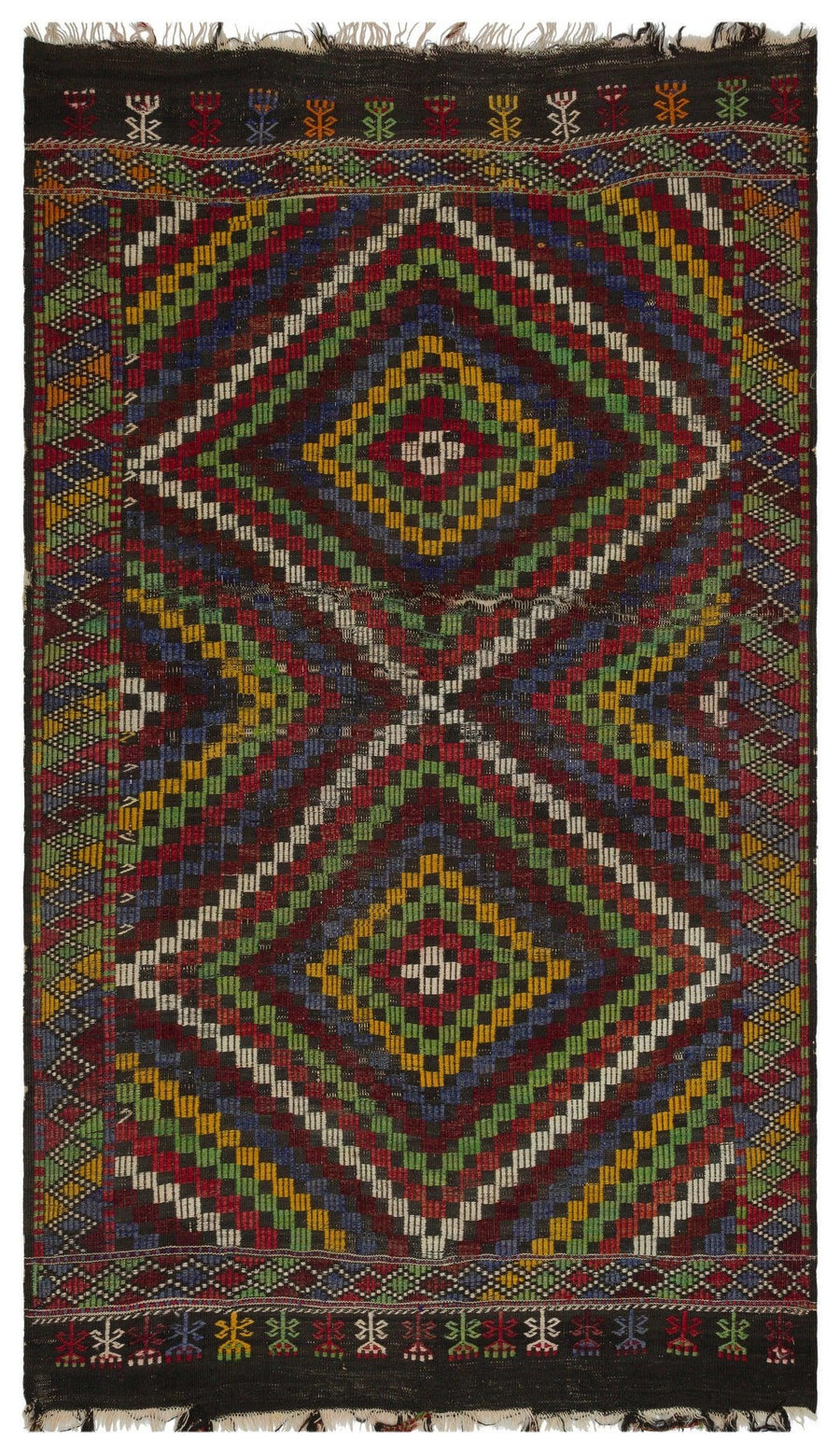 Beyaz Hardal Anadolu Bohem Geometrik Yün Halı 164x280 - Özel Seri