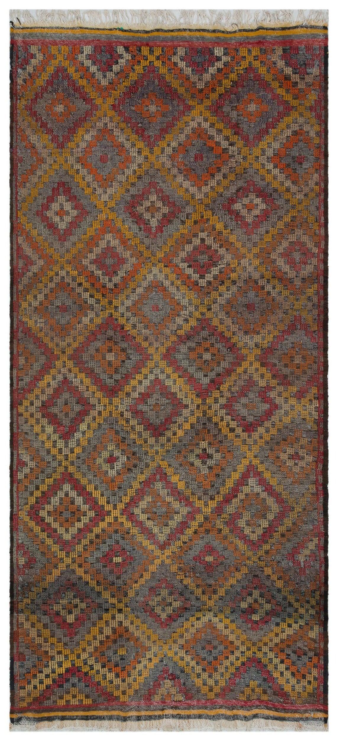 Antrasit Gri Anadolu Bohem Geometrik Yün Halı 148x340 - Özel Seri