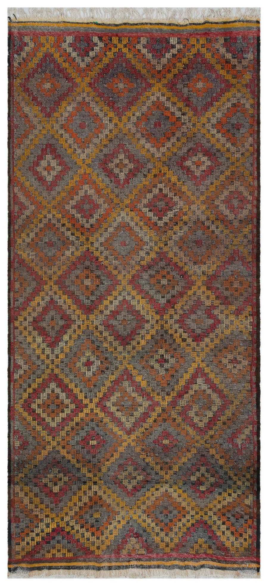 Antrasit Gri Anadolu Bohem Geometrik Yün Halı 148x340 - Özel Seri