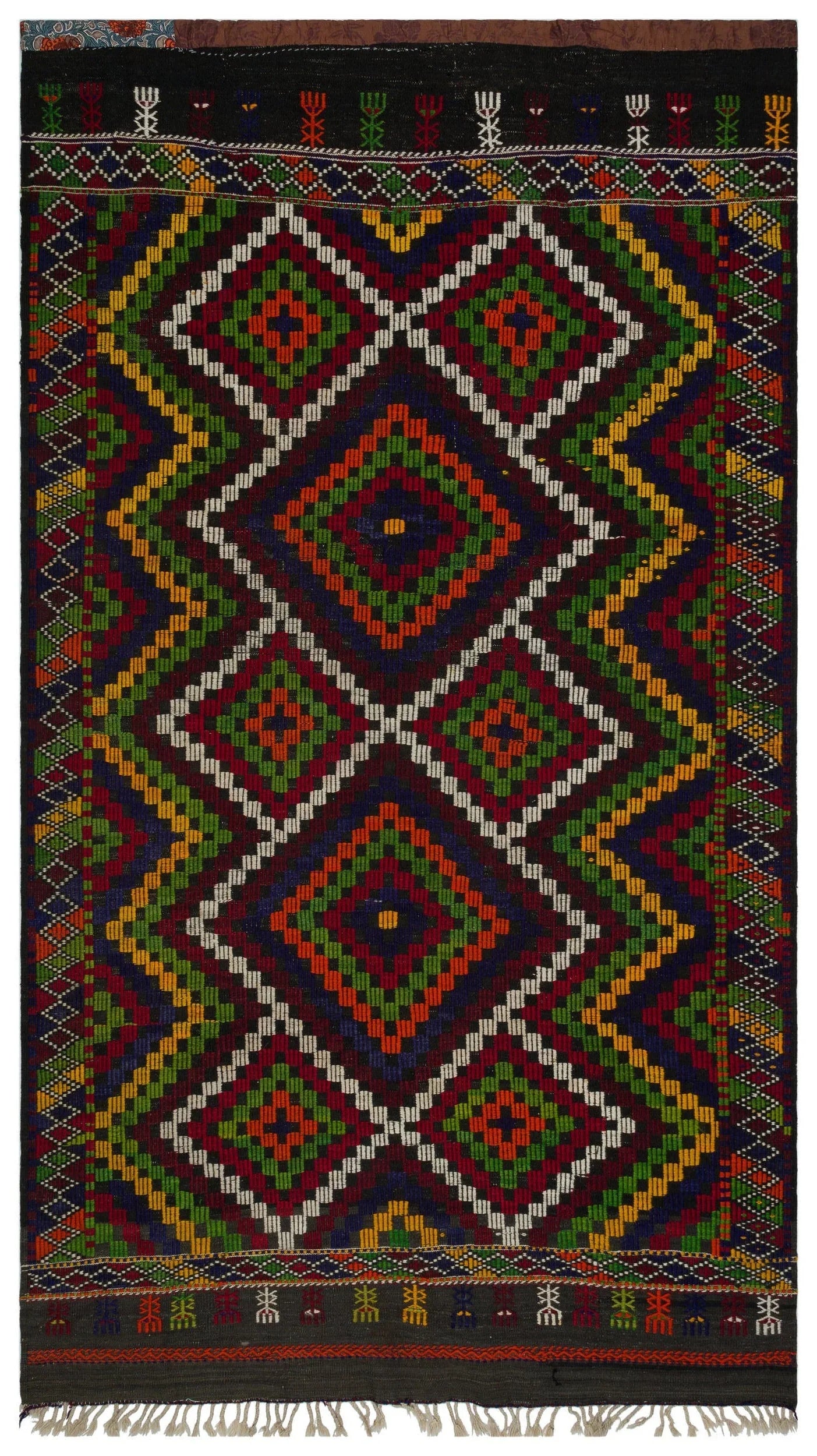 Beyaz Kırmızı Anadolu Bohem Geometrik Yün Halı 185x323 - Özel Seri
