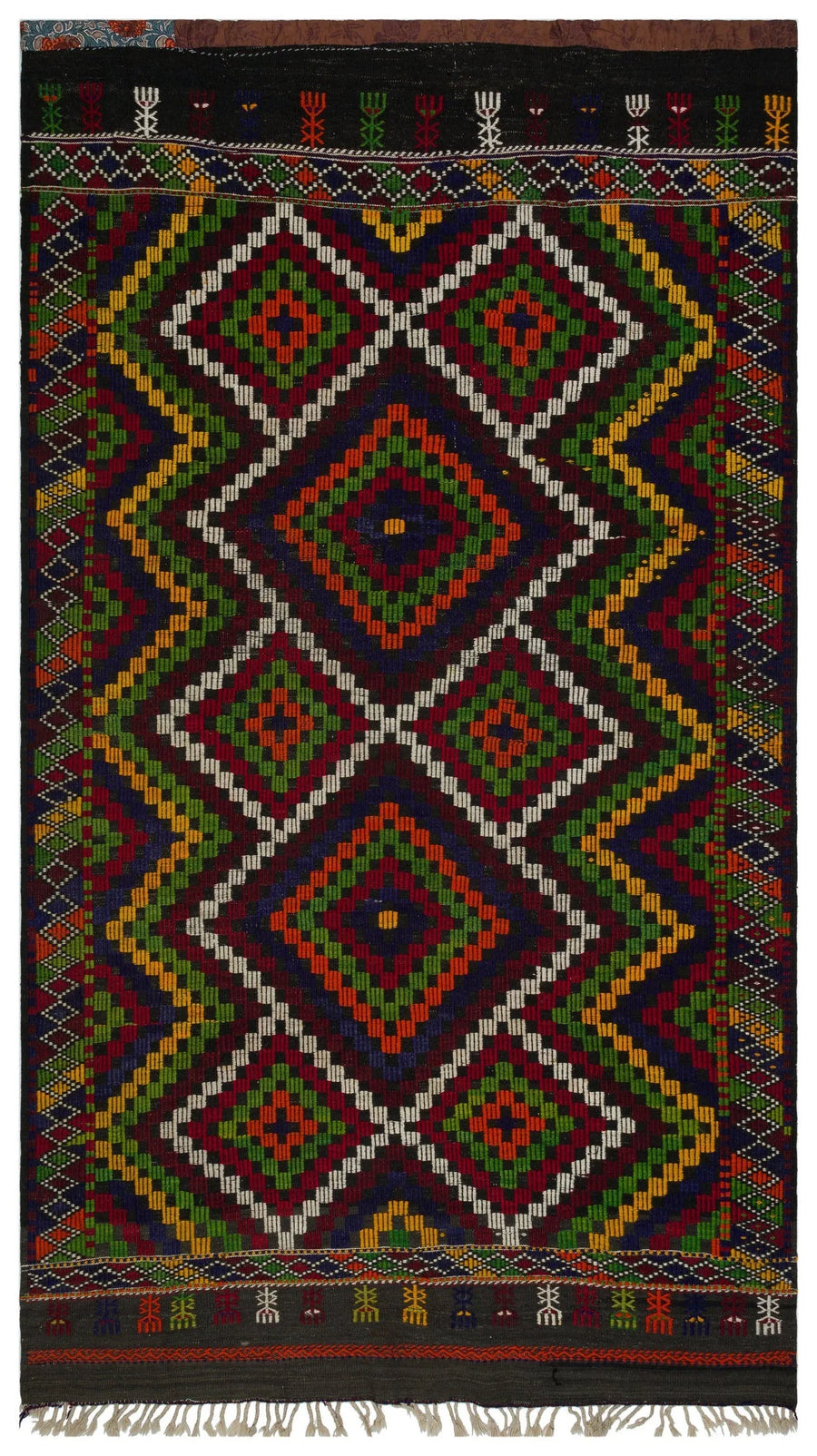 Beyaz Kırmızı Anadolu Bohem Geometrik Yün Halı 185x323 - Özel Seri