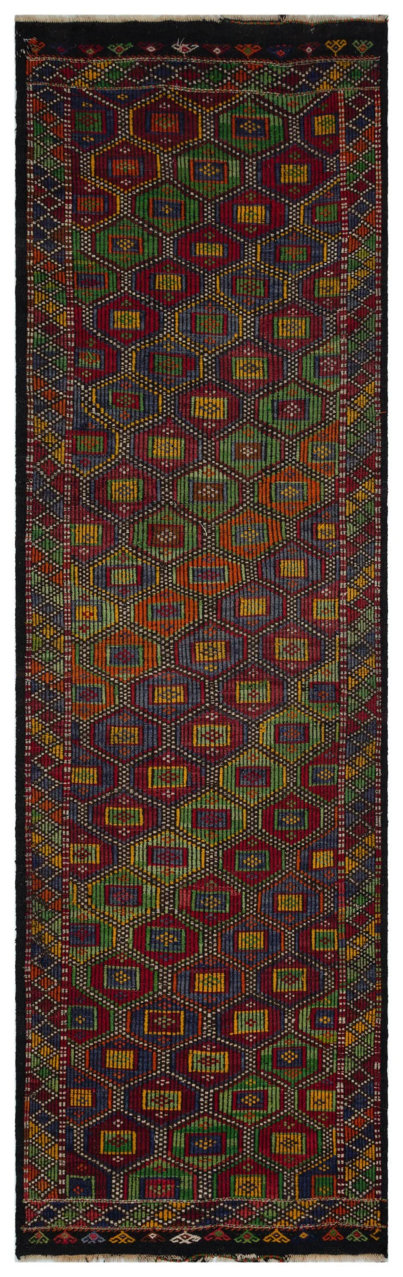 Beyaz Bordo Anadolu Bohem Geometrik Yün Halı 114x380 - Özel Seri