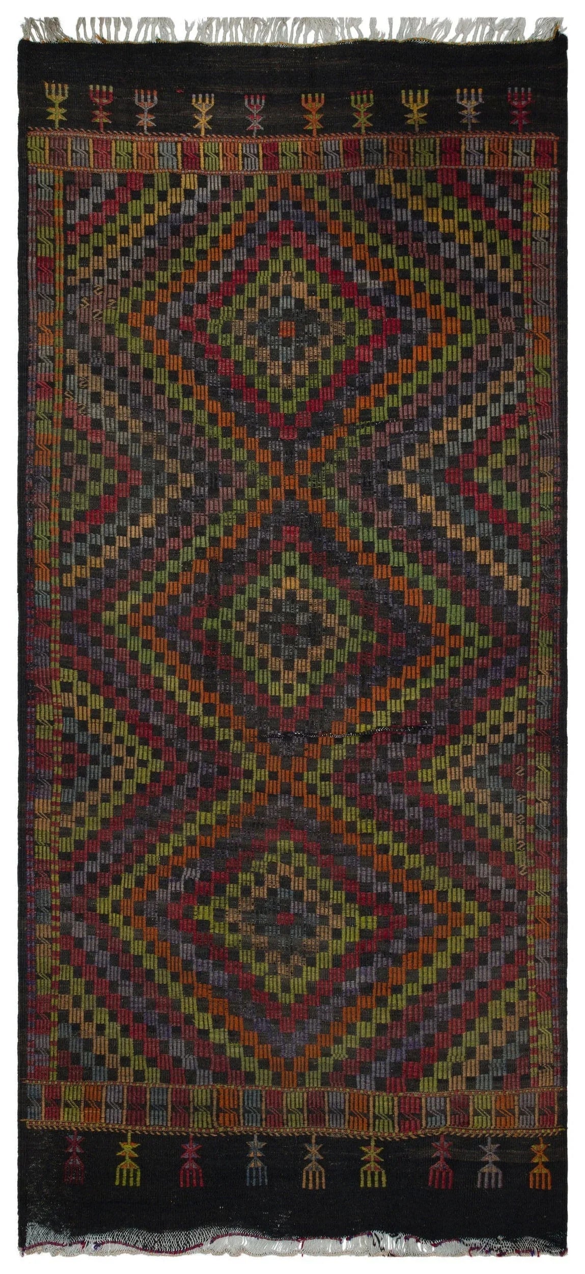 Bordo Gri Anadolu Bohem Geometrik Yün Halı 150x324 - Özel Seri