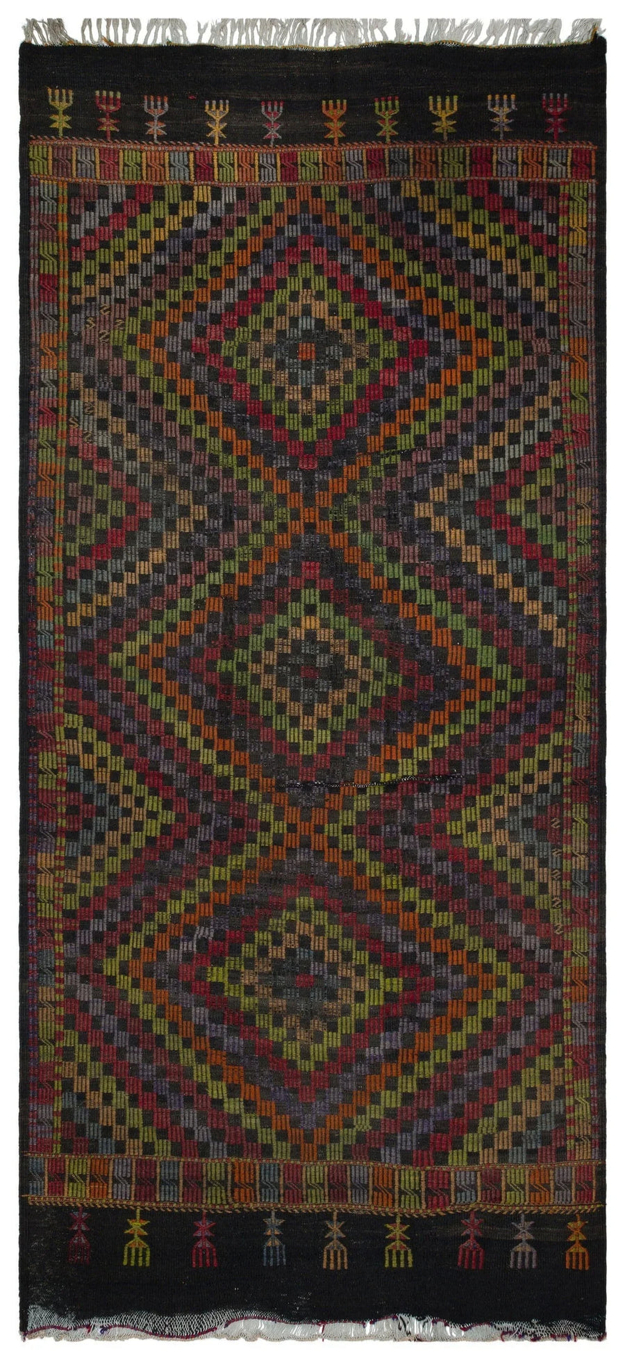 Bordo Gri Anadolu Bohem Geometrik Yün Halı 150x324 - Özel Seri