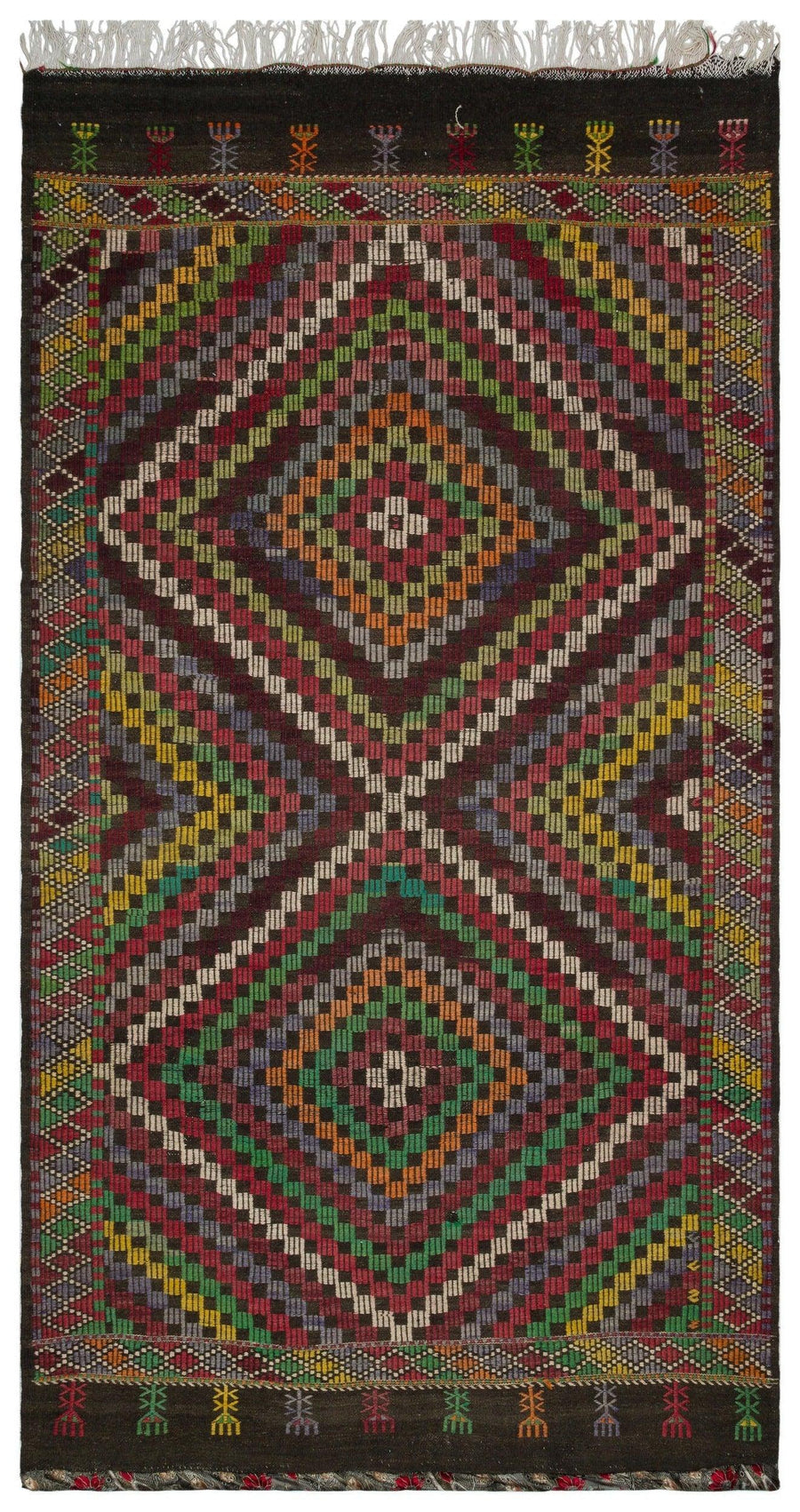 Beyaz Gri Anadolu Bohem Geometrik Yün Halı 175x317 - Özel Seri