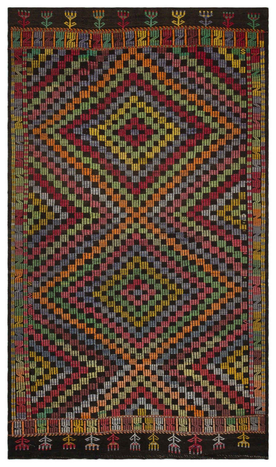 Gri Kırmızı Anadolu Bohem Geometrik Yün Halı 161x276 - Özel Seri